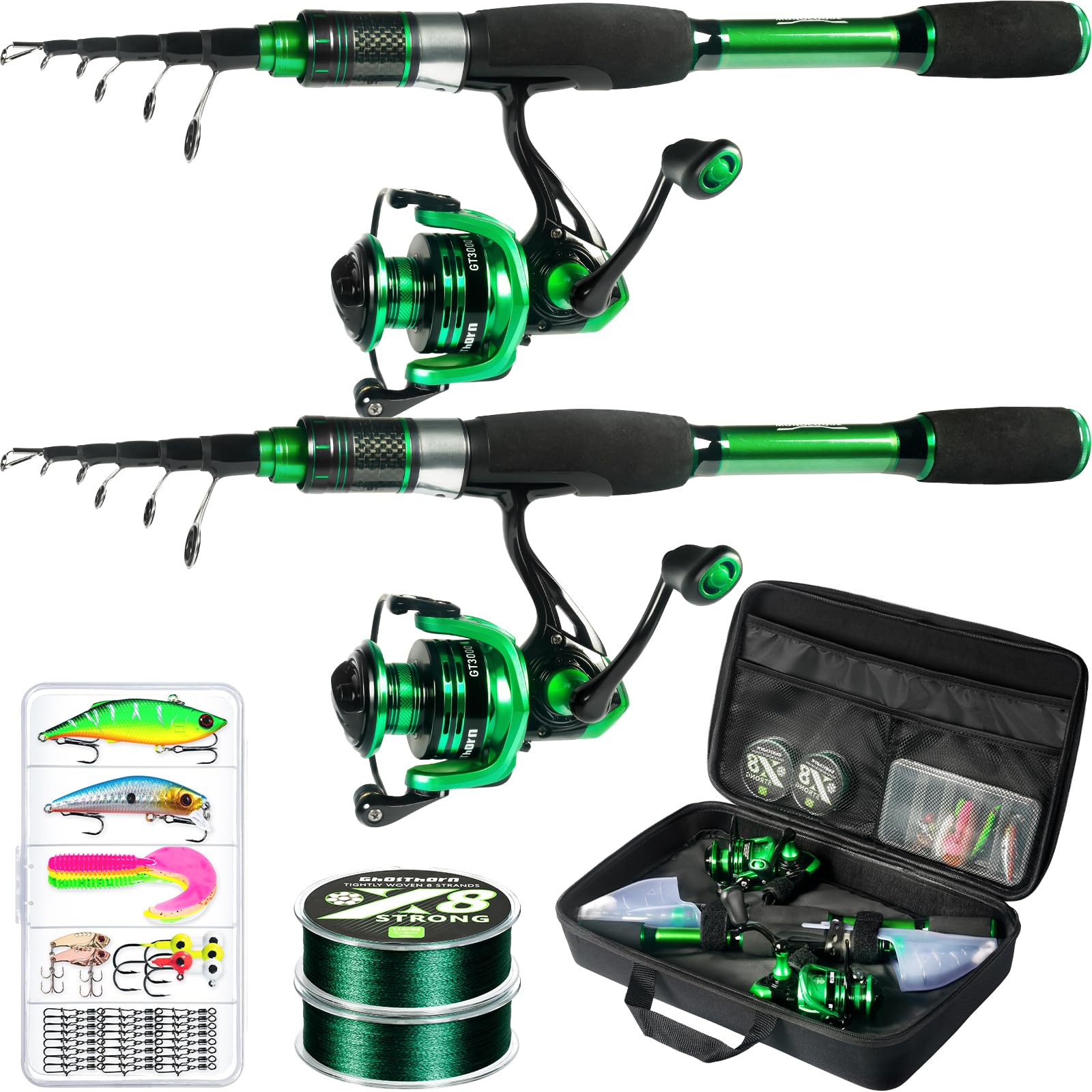 Ghosthorn Fishing Rod and Reel Combo Graphite Telescoping Fishing Pole Portable Travel Kit with Carrier Bag for Freshwater Saltwater