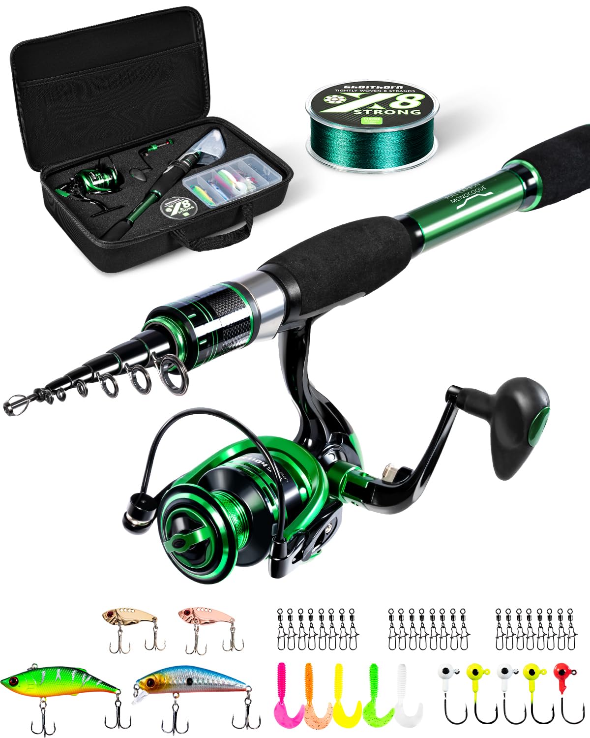 Ghosthorn Fishing Rod and Reel Combo Graphite Telescoping Fishing Pole Portable Travel Kit with Carrier Bag for Freshwater Saltwater