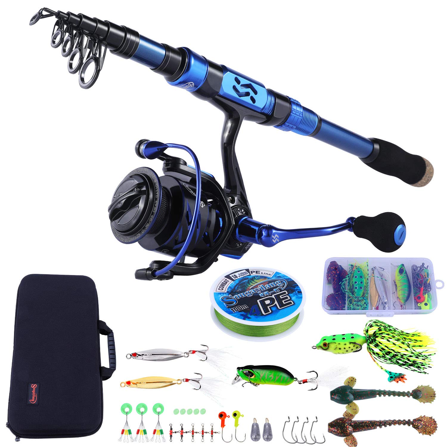 Sougayilang Fishing Rod and Reel Set Carbon Fiber Telescopic Fishing Rod 12+1BB Spinning Reel with Carry Case for Saltwater Freshwater