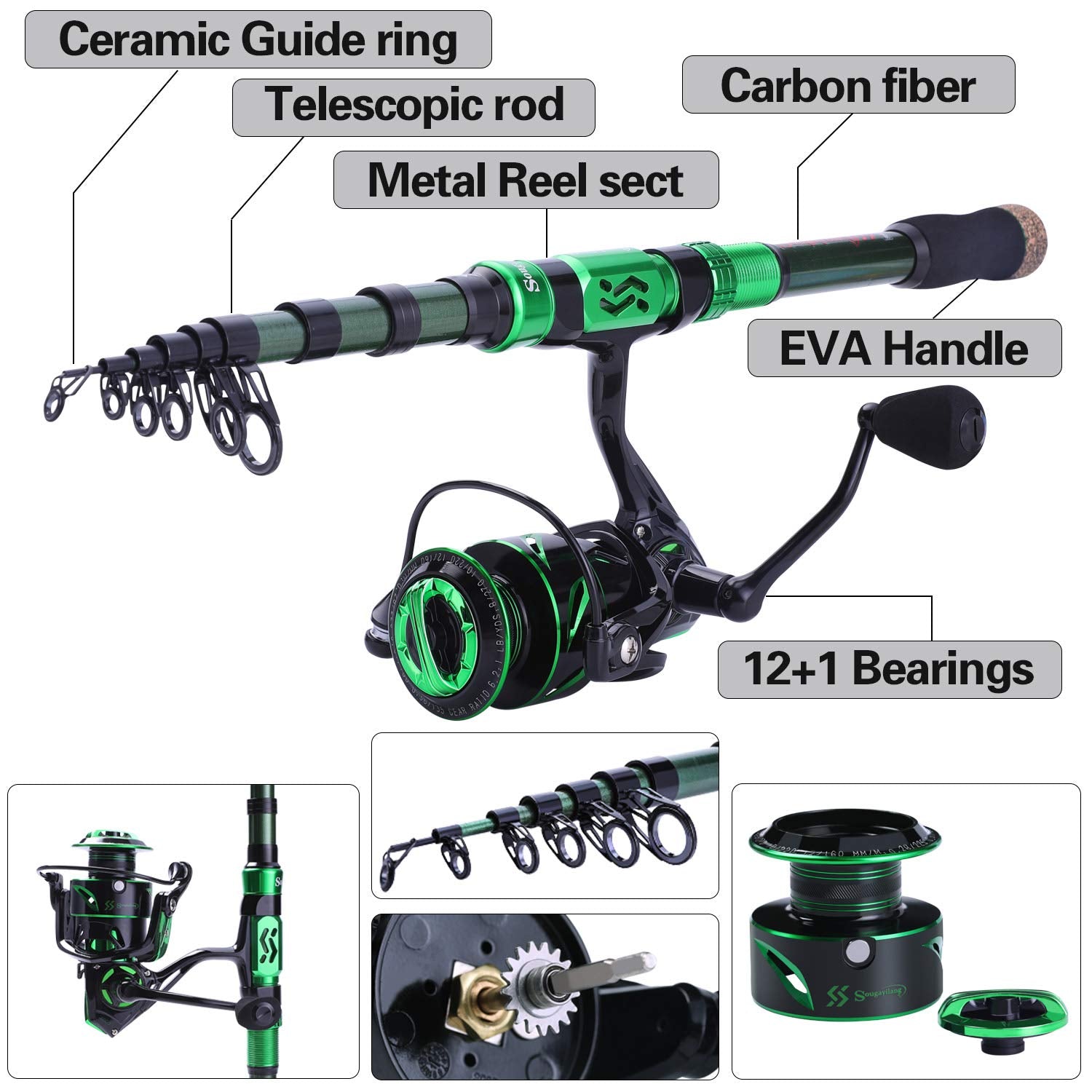 Sougayilang Fishing Rod and Reel Set Carbon Fiber Telescopic Fishing Rod 12+1BB Spinning Reel with Carry Case for Saltwater Freshwater