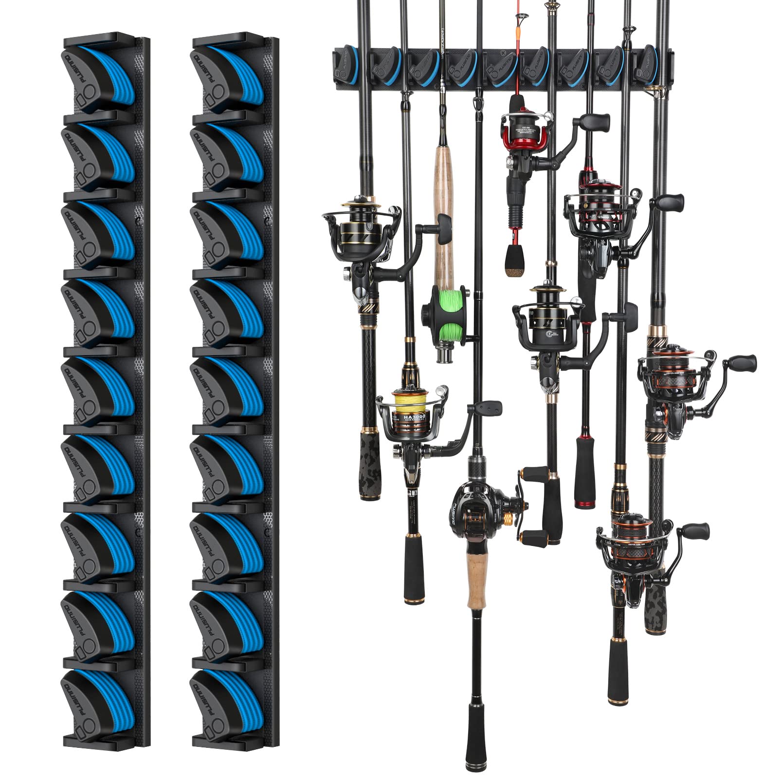 PLUSINNO Fishing Rod Holders - V6 Vertical Support for Extra Large & Heavy Fishing Rod Combos, Garage & Wall Mounted Rack Storage