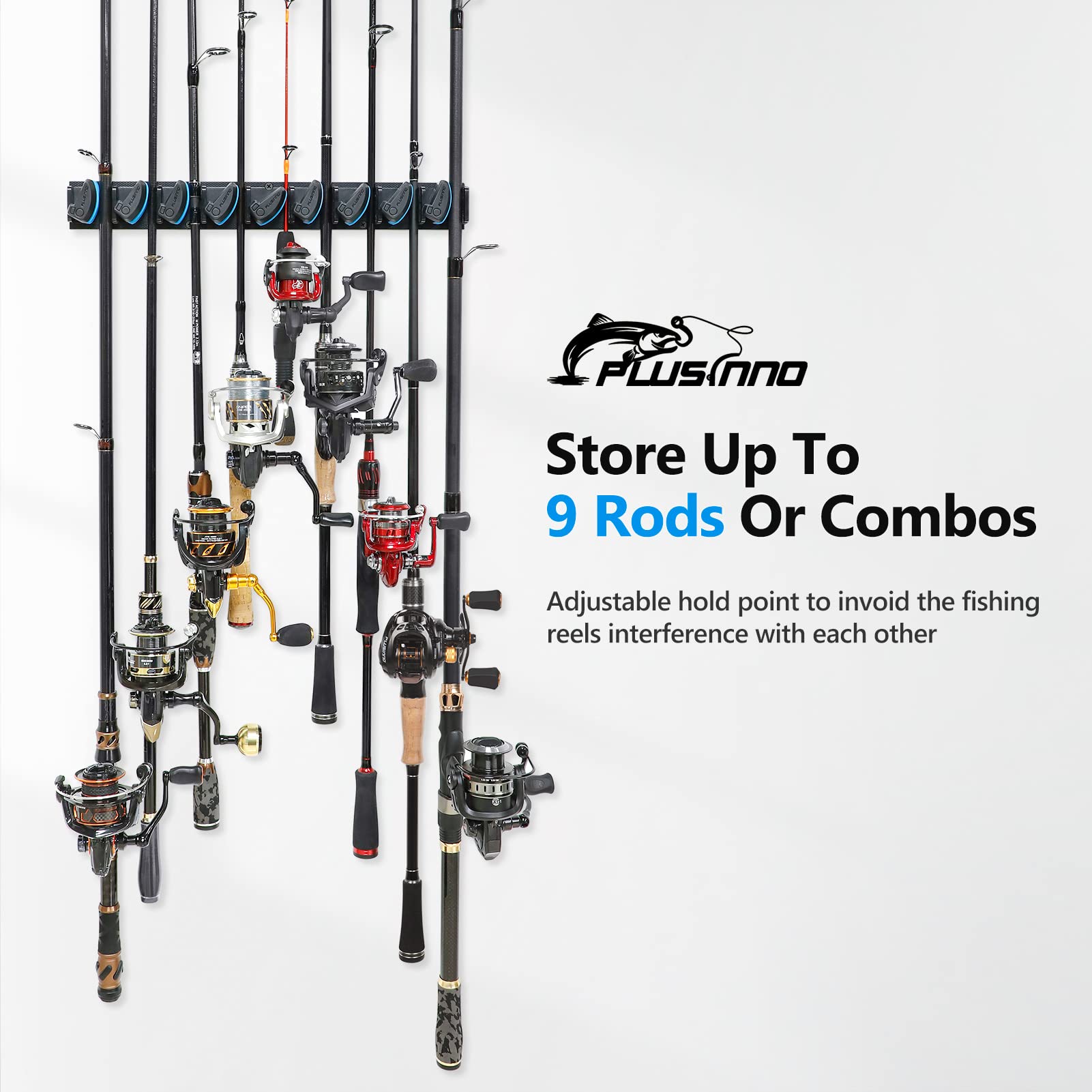 PLUSINNO Fishing Rod Holders - V6 Vertical Support for Extra Large & Heavy Fishing Rod Combos, Garage & Wall Mounted Rack Storage