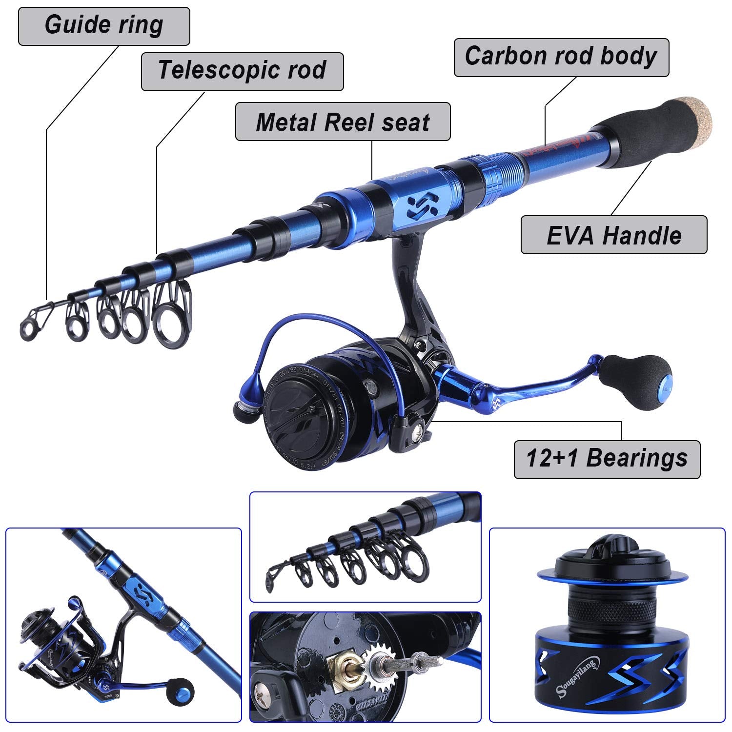 Sougayilang Fishing Rod and Reel Set Carbon Fiber Telescopic Fishing Rod 12+1BB Spinning Reel with Carry Case for Saltwater Freshwater