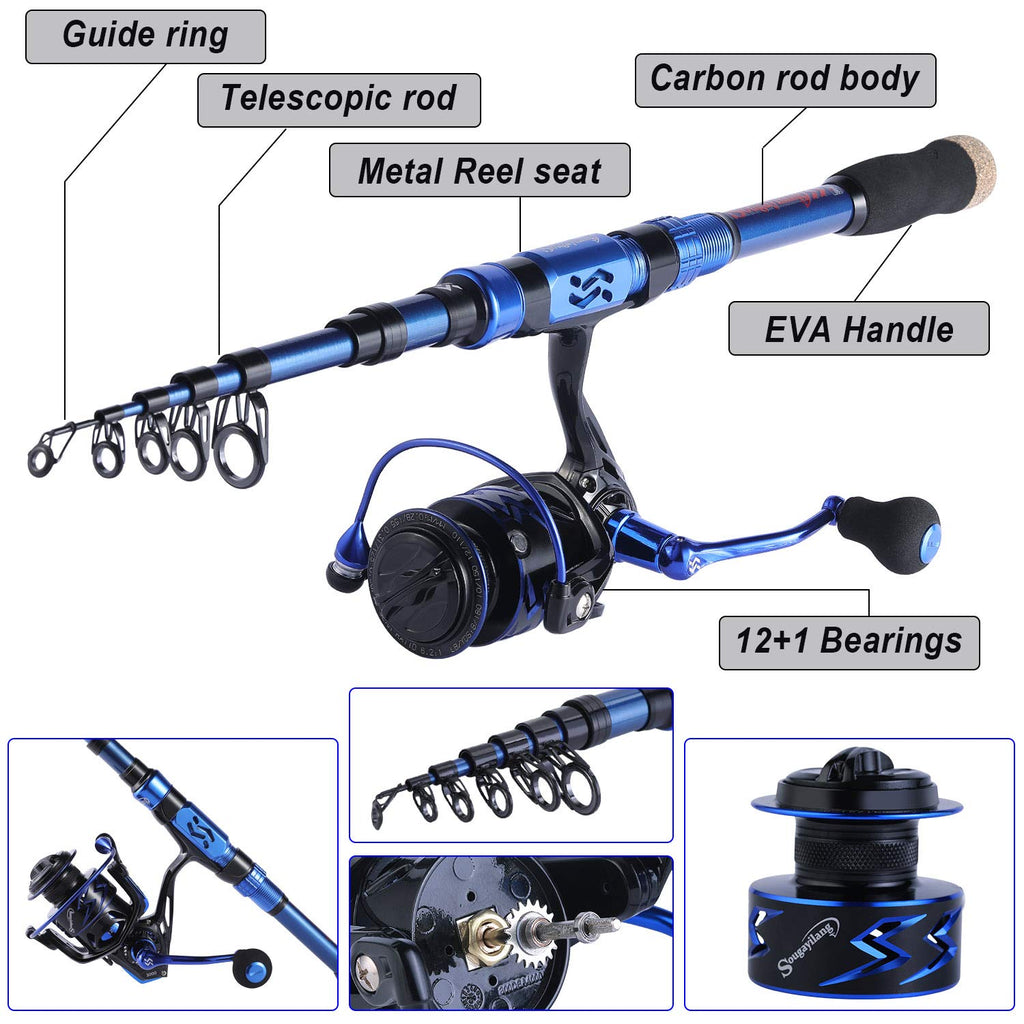 Sougayilang Fishing Rod and Reel Set Carbon Fiber Telescopic Fishing Rod 12+1BB Spinning Reel with Carry Case for Saltwater Freshwater