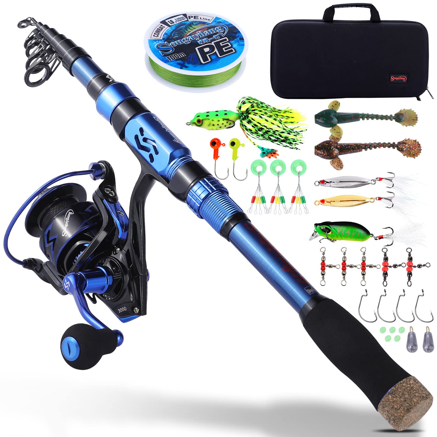 Sougayilang Fishing Rod and Reel Set Carbon Fiber Telescopic Fishing Rod 12+1BB Spinning Reel with Carry Case for Saltwater Freshwater