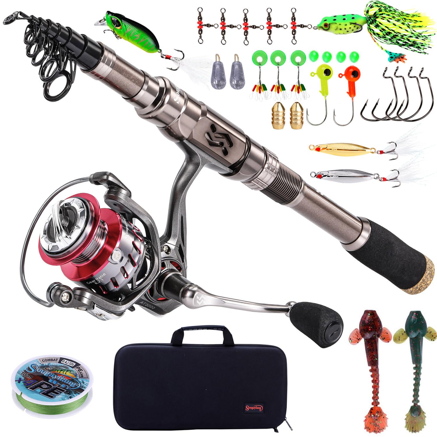 Sougayilang Fishing Rod and Reel Set Carbon Fiber Telescopic Fishing Rod 12+1BB Spinning Reel with Carry Case for Saltwater Freshwater