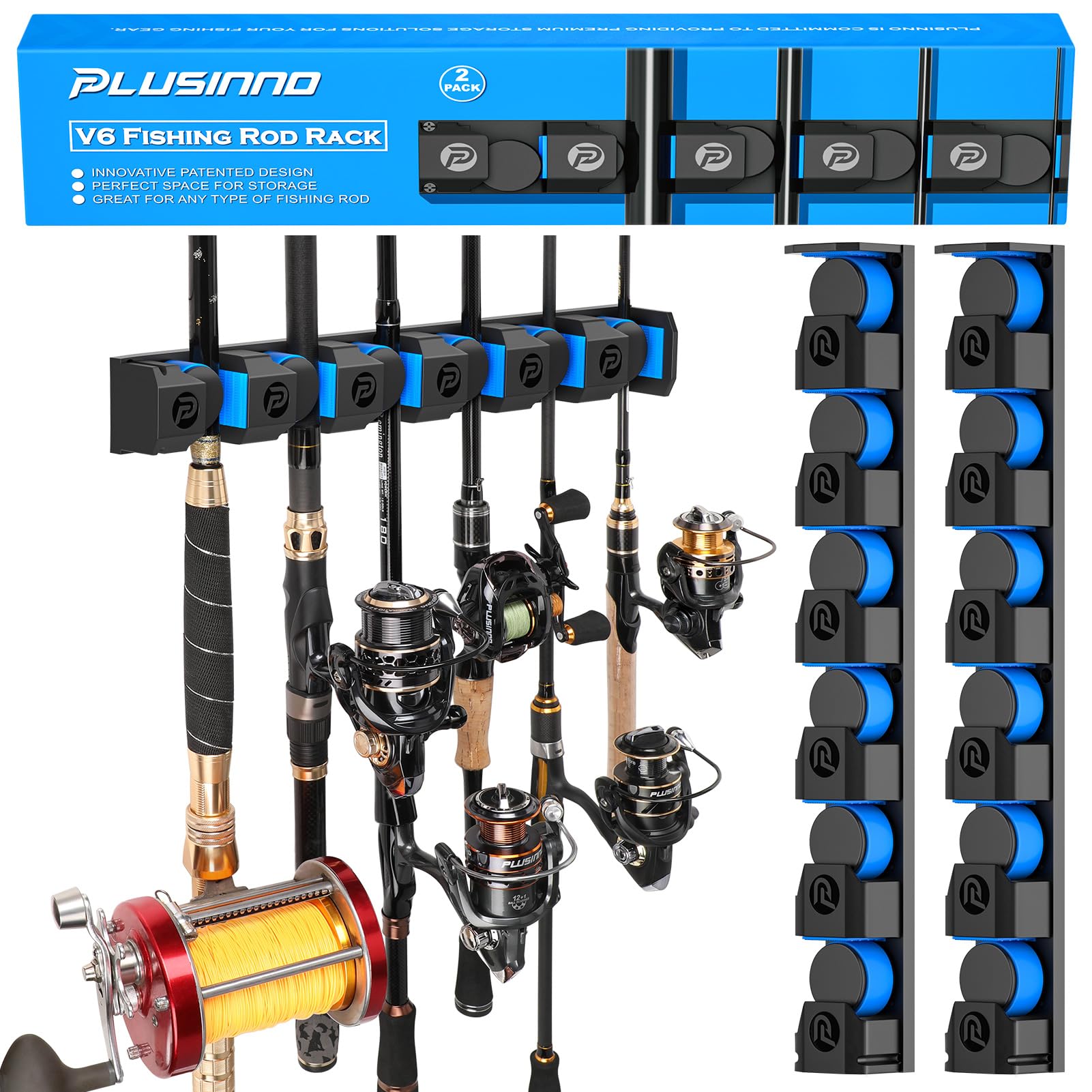 PLUSINNO Fishing Rod Holders - V6 Vertical Support for Extra Large & Heavy Fishing Rod Combos, Garage & Wall Mounted Rack Storage