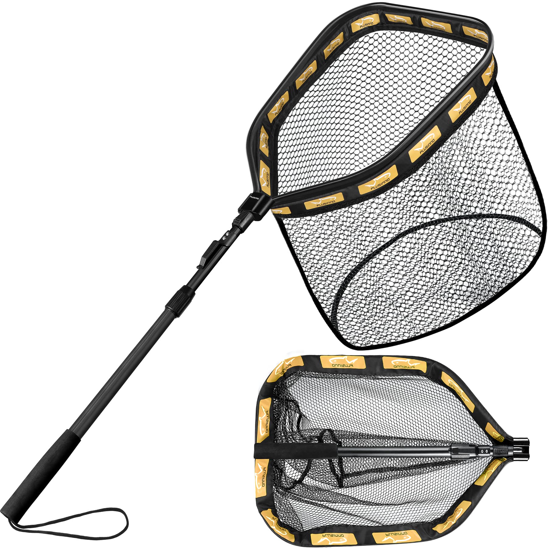 PLUSINNO Floating Fishing Net for Steelhead, Salmon, Fly, Kayak, Catfish, Bass, Trout Fishing, Rubber Coated Foldable Landing Net with Fixed or Telescoping Pole Handle, Fishing Gear and Gifts for Men