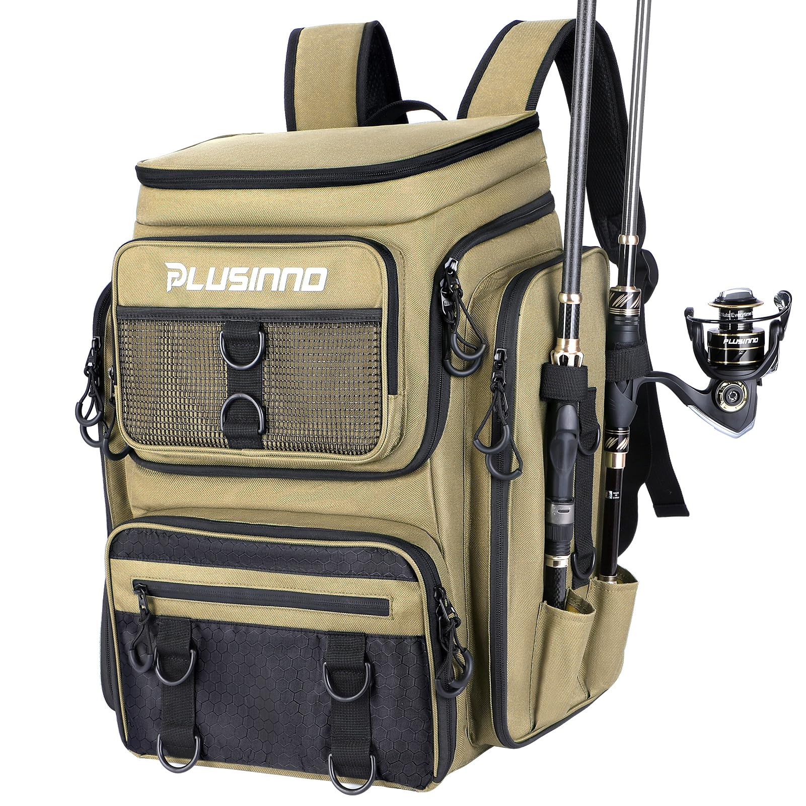 PLUSINNO Fishing Tackle Backpack with Rod Holders，42L Water-resistant Fishing Bag Store Fishing Gear, Fisher Gifts For Men.