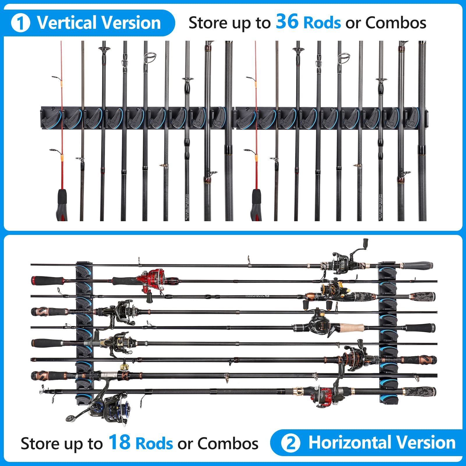 PLUSINNO Fishing Rod Holders - V6 Vertical Support for Extra Large & Heavy Fishing Rod Combos, Garage & Wall Mounted Rack Storage