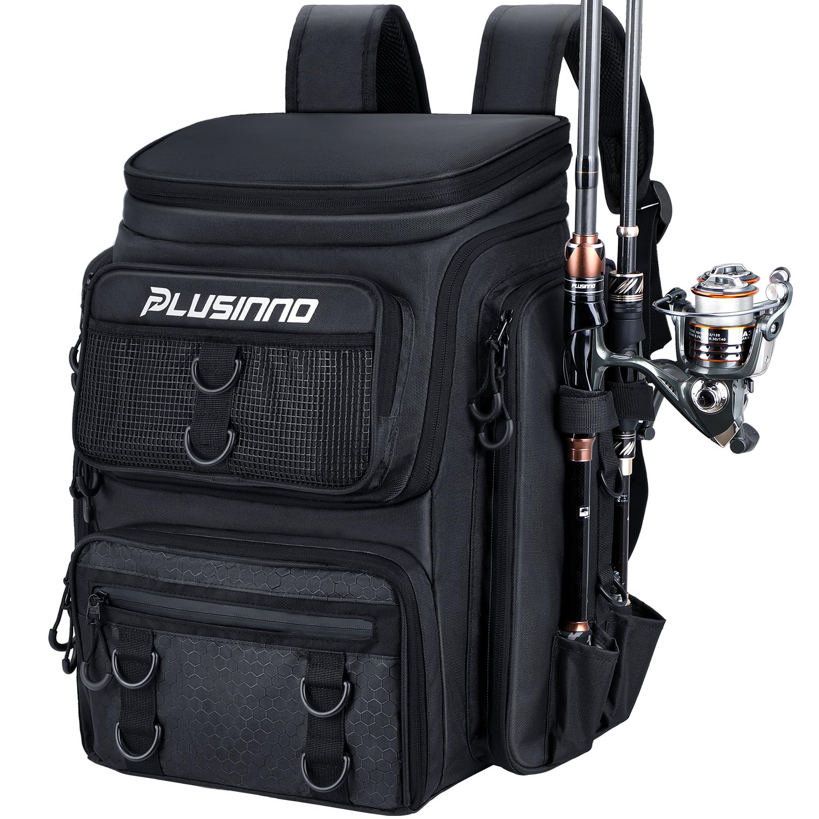 PLUSINNO Fishing Tackle Backpack with Rod Holders，42L Water-resistant Fishing Bag Store Fishing Gear, Fisher Gifts For Men.