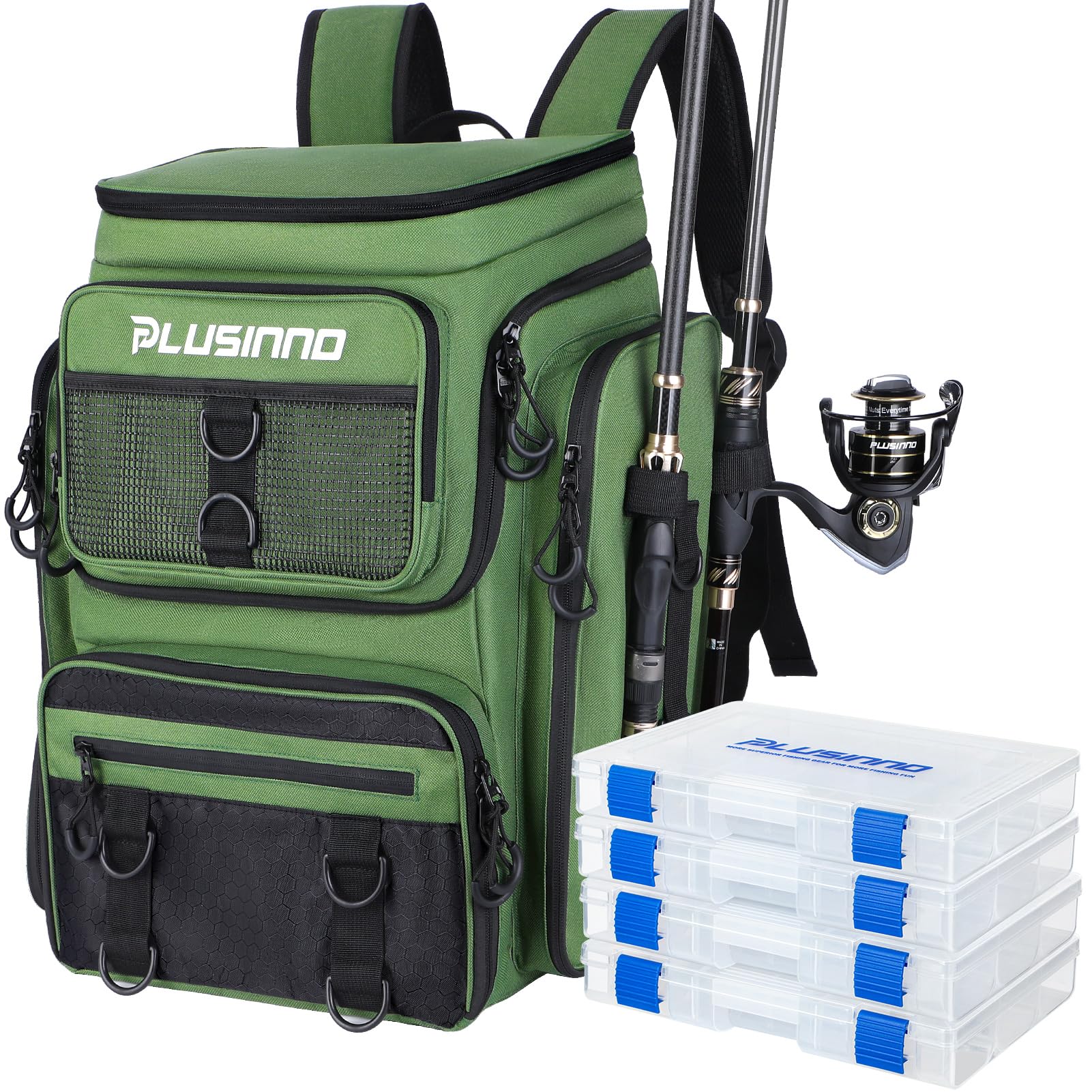 PLUSINNO Fishing Tackle Backpack with Rod Holders，42L Water-resistant Fishing Bag Store Fishing Gear, Fisher Gifts For Men.