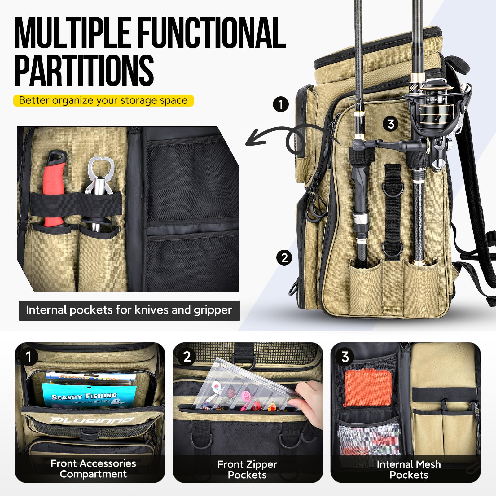 PLUSINNO Fishing Tackle Backpack with Rod Holders，42L Water-resistant Fishing Bag Store Fishing Gear, Fisher Gifts For Men.