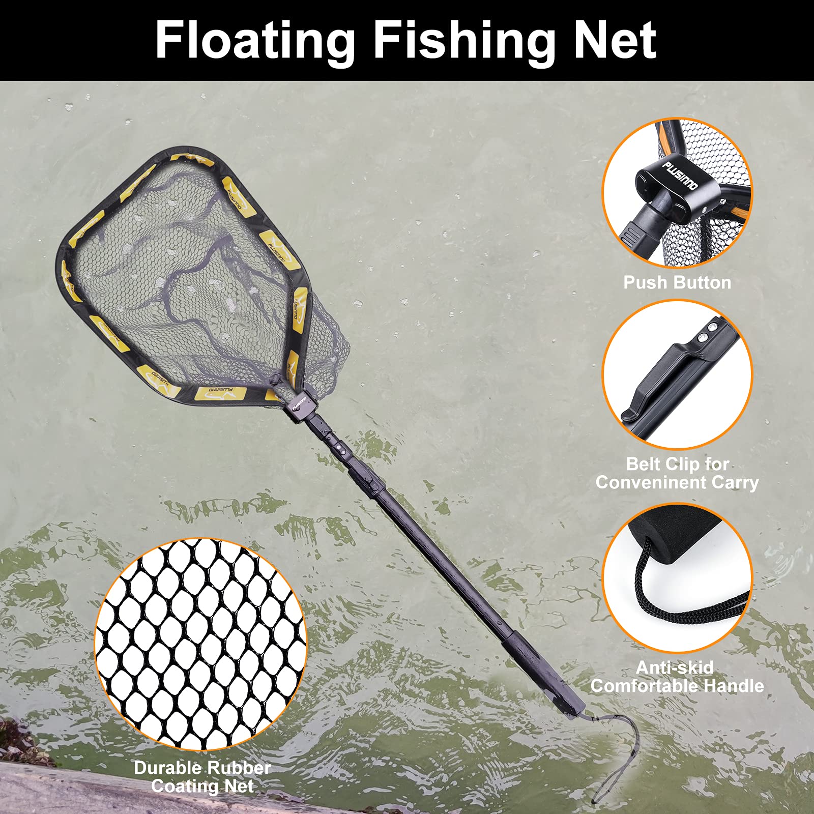 PLUSINNO Floating Fishing Net for Steelhead, Salmon, Fly, Kayak, Catfish, Bass, Trout Fishing, Rubber Coated Foldable Landing Net with Fixed or Telescoping Pole Handle, Fishing Gear and Gifts for Men