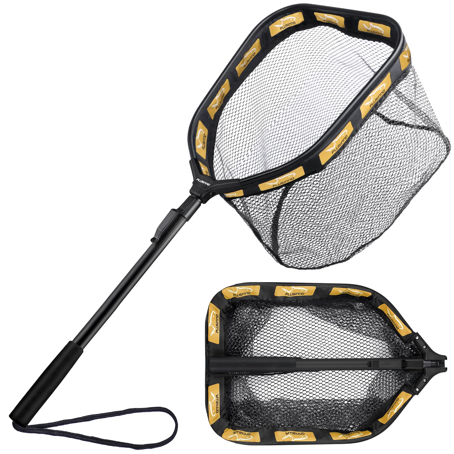 PLUSINNO Floating Fishing Net for Steelhead, Salmon, Fly, Kayak, Catfish, Bass, Trout Fishing, Rubber Coated Foldable Landing Net with Fixed or Telescoping Pole Handle, Fishing Gear and Gifts for Men