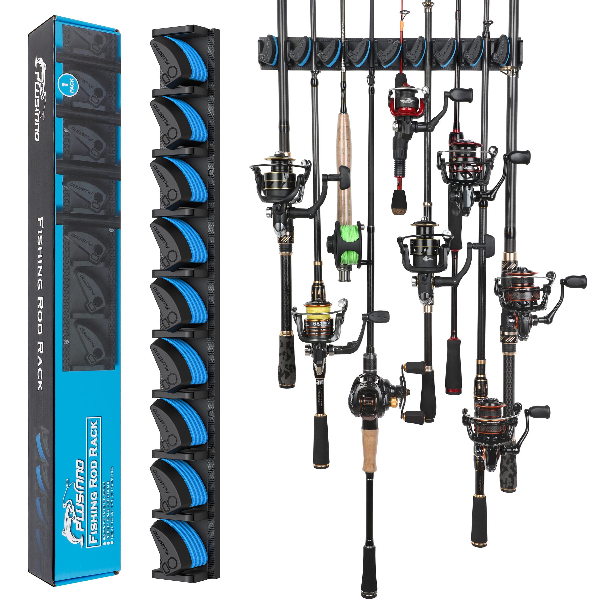 PLUSINNO Fishing Rod Holders - V6 Vertical Support for Extra Large & Heavy Fishing Rod Combos, Garage & Wall Mounted Rack Storage