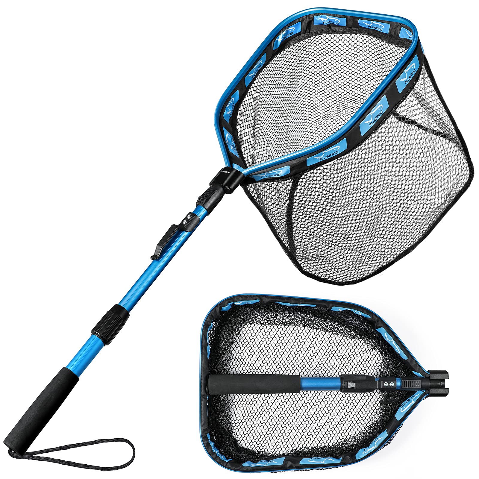 PLUSINNO Floating Fishing Net for Steelhead, Salmon, Fly, Kayak, Catfish, Bass, Trout Fishing, Rubber Coated Foldable Landing Net with Fixed or Telescoping Pole Handle, Fishing Gear and Gifts for Men