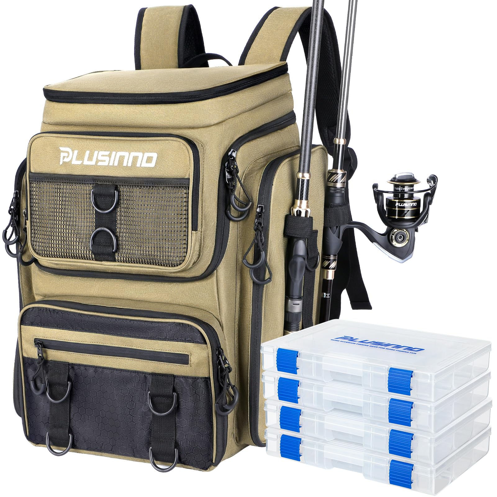PLUSINNO Fishing Tackle Backpack with Rod Holders，42L Water-resistant Fishing Bag Store Fishing Gear, Fisher Gifts For Men.