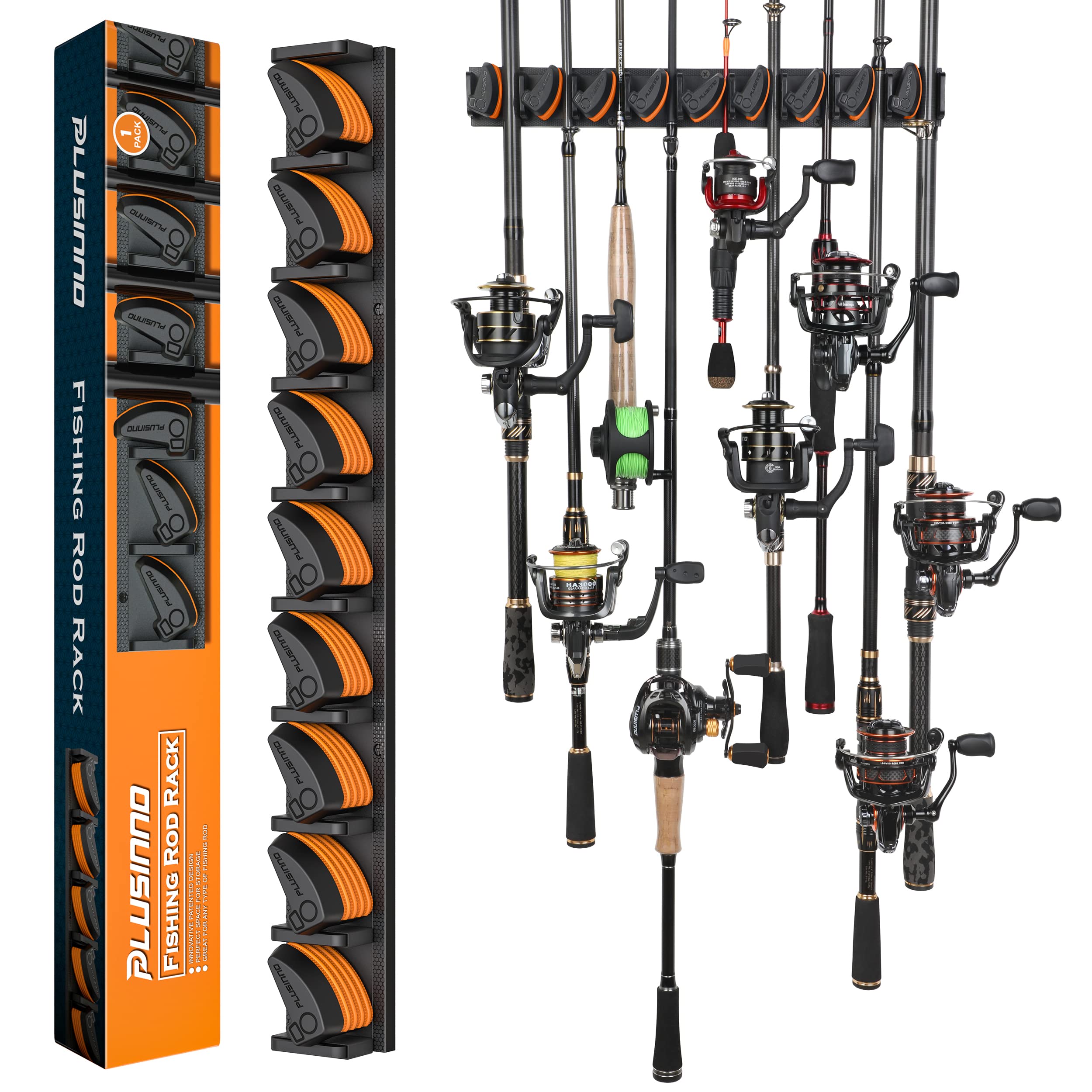 PLUSINNO Fishing Rod Holders - V6 Vertical Support for Extra Large & Heavy Fishing Rod Combos, Garage & Wall Mounted Rack Storage