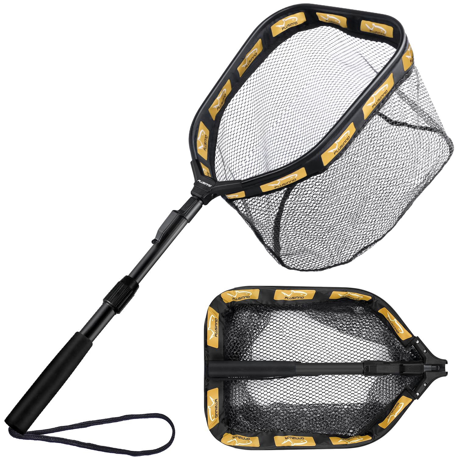 PLUSINNO Floating Fishing Net for Steelhead, Salmon, Fly, Kayak, Catfish, Bass, Trout Fishing, Rubber Coated Foldable Landing Net with Fixed or Telescoping Pole Handle, Fishing Gear and Gifts for Men