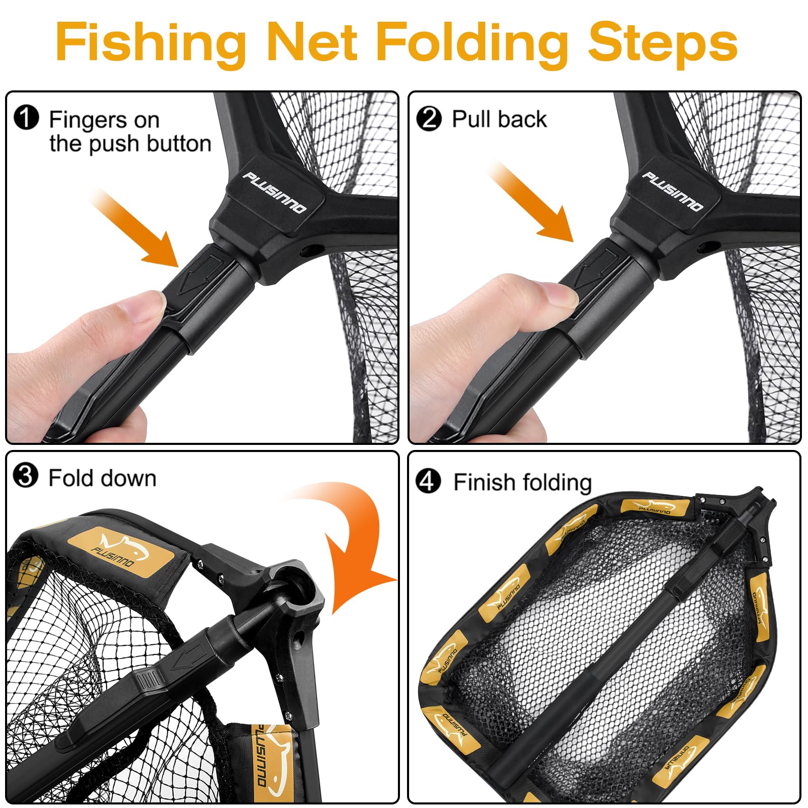 PLUSINNO Floating Fishing Net for Steelhead, Salmon, Fly, Kayak, Catfish, Bass, Trout Fishing, Rubber Coated Foldable Landing Net with Fixed or Telescoping Pole Handle, Fishing Gear and Gifts for Men