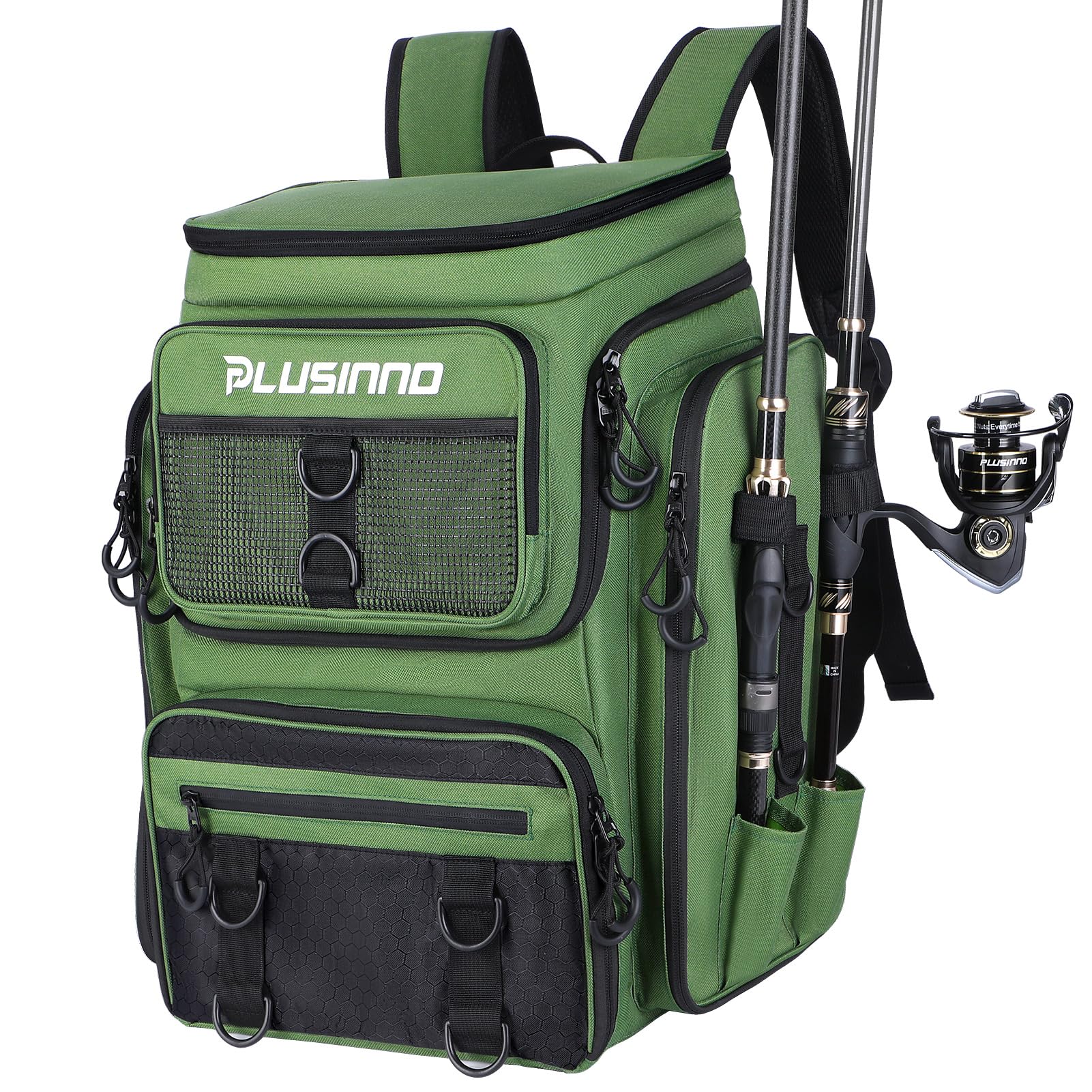 PLUSINNO Fishing Tackle Backpack with Rod Holders，42L Water-resistant Fishing Bag Store Fishing Gear, Fisher Gifts For Men.