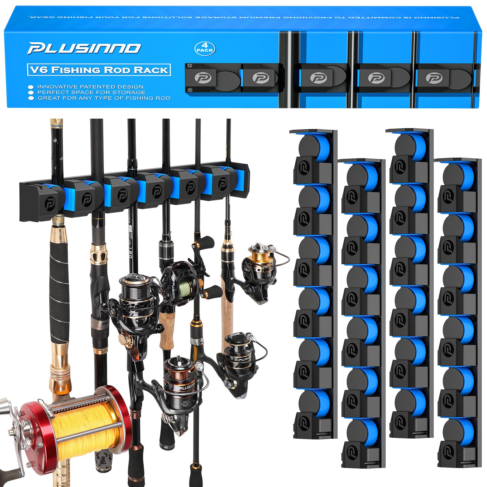 PLUSINNO Fishing Rod Holders - V6 Vertical Support for Extra Large & Heavy Fishing Rod Combos, Garage & Wall Mounted Rack Storage