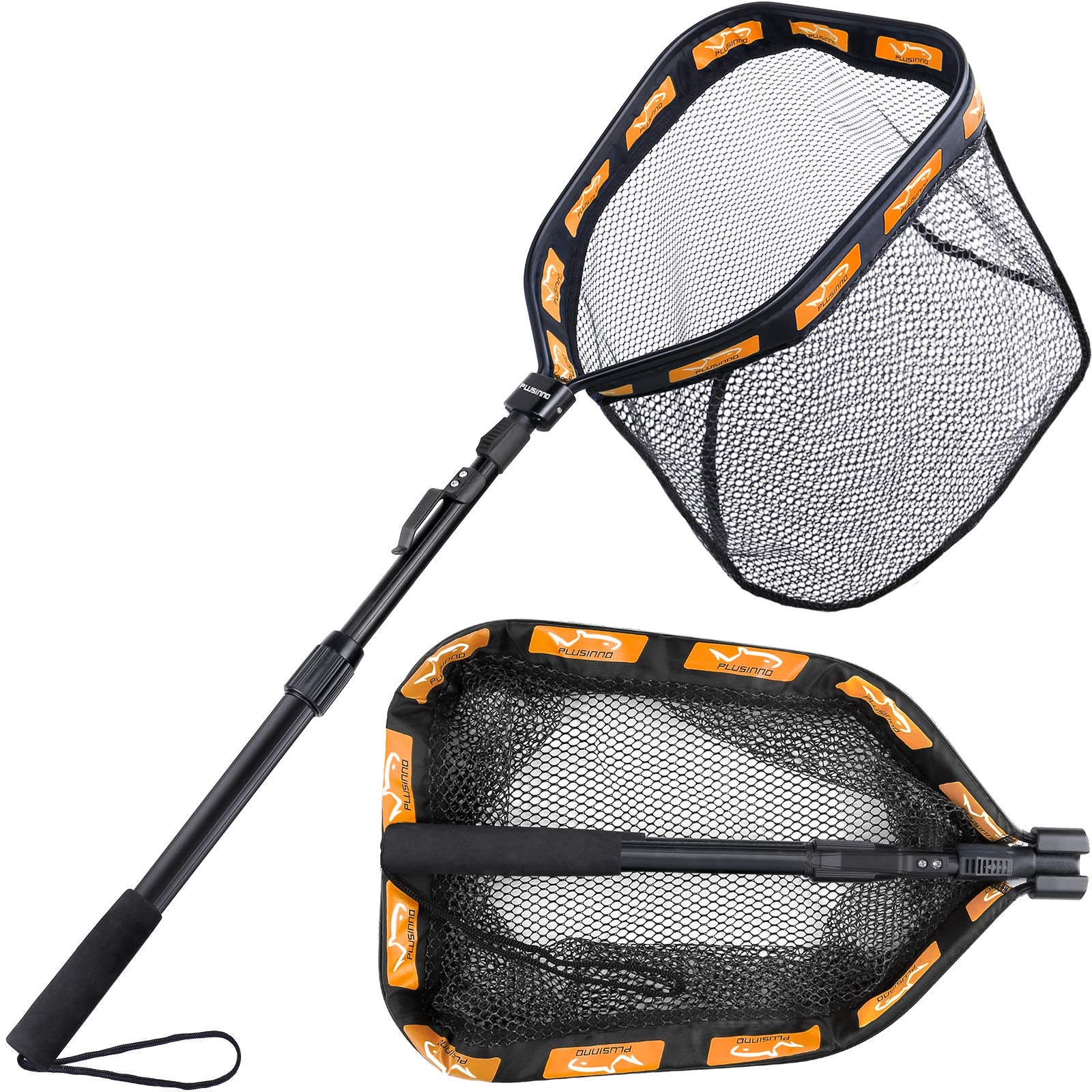 PLUSINNO Floating Fishing Net for Steelhead, Salmon, Fly, Kayak, Catfish, Bass, Trout Fishing, Rubber Coated Foldable Landing Net with Fixed or Telescoping Pole Handle, Fishing Gear and Gifts for Men