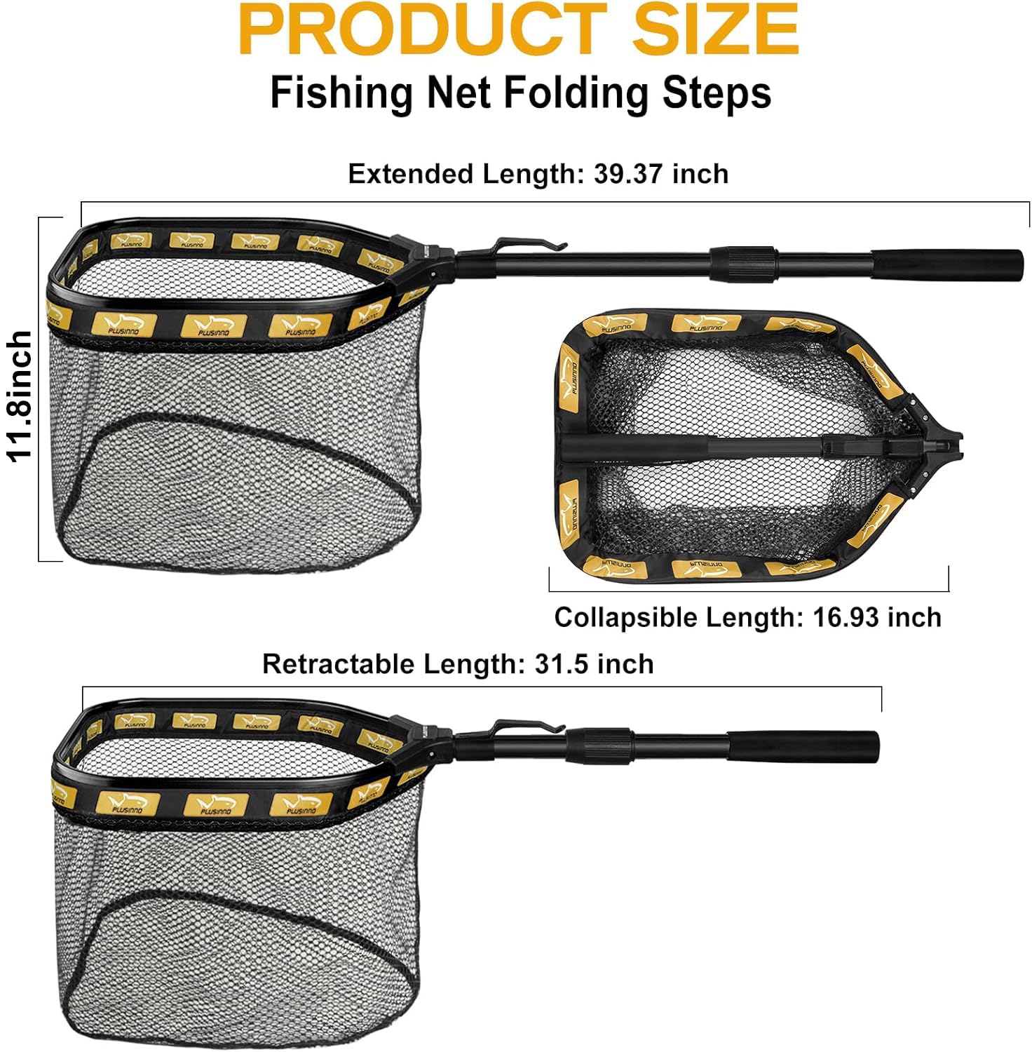 PLUSINNO Floating Fishing Net for Steelhead, Salmon, Fly, Kayak, Catfish, Bass, Trout Fishing, Rubber Coated Foldable Landing Net with Fixed or Telescoping Pole Handle, Fishing Gear and Gifts for Men