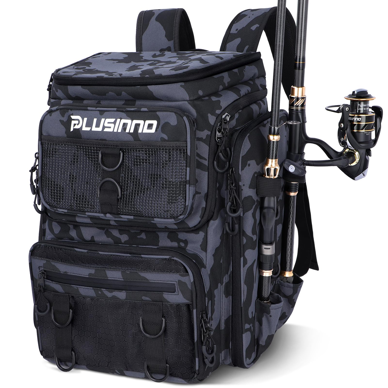 PLUSINNO Fishing Tackle Backpack with Rod Holders，42L Water-resistant Fishing Bag Store Fishing Gear, Fisher Gifts For Men.