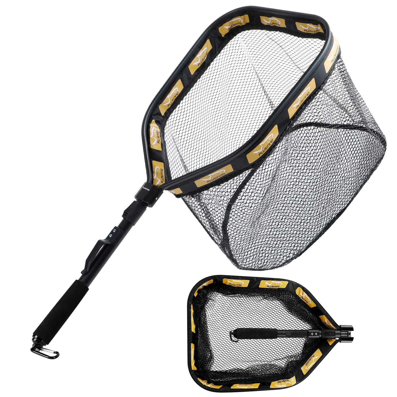 PLUSINNO Floating Fishing Net for Steelhead, Salmon, Fly, Kayak, Catfish, Bass, Trout Fishing, Rubber Coated Foldable Landing Net with Fixed or Telescoping Pole Handle, Fishing Gear and Gifts for Men