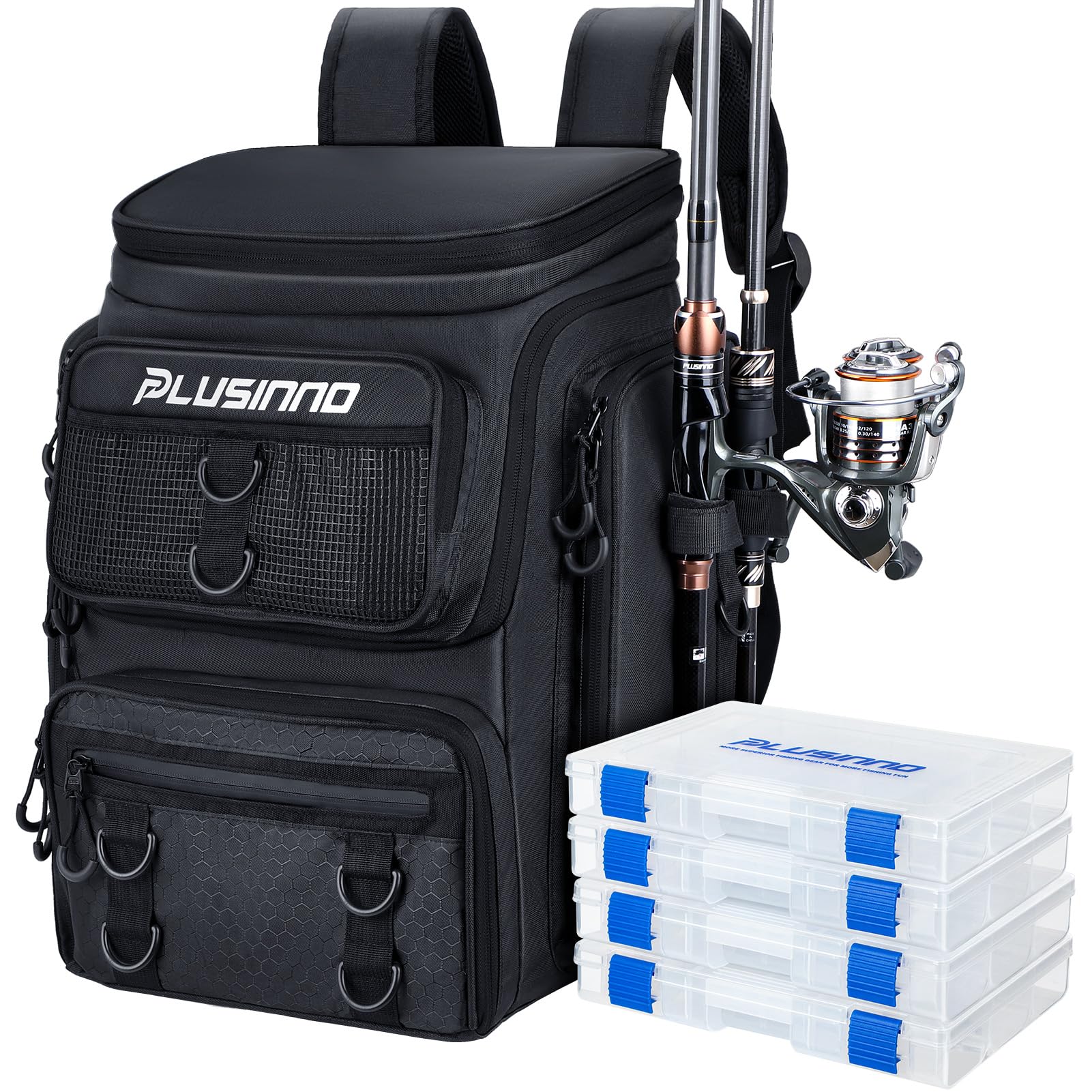 PLUSINNO Fishing Tackle Backpack with Rod Holders，42L Water-resistant Fishing Bag Store Fishing Gear, Fisher Gifts For Men.