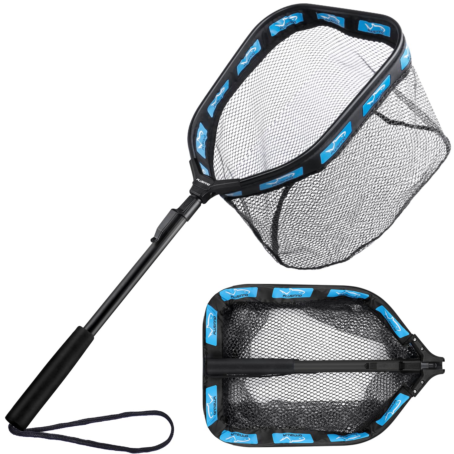 PLUSINNO Floating Fishing Net for Steelhead, Salmon, Fly, Kayak, Catfish, Bass, Trout Fishing, Rubber Coated Foldable Landing Net with Fixed or Telescoping Pole Handle, Fishing Gear and Gifts for Men