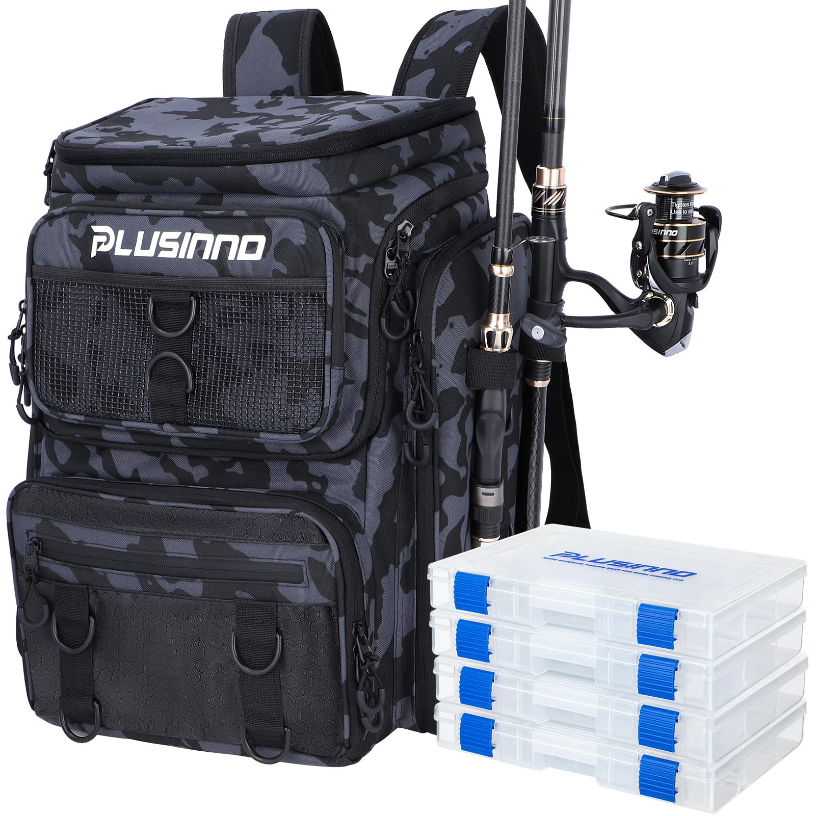 PLUSINNO Fishing Tackle Backpack with Rod Holders，42L Water-resistant Fishing Bag Store Fishing Gear, Fisher Gifts For Men.