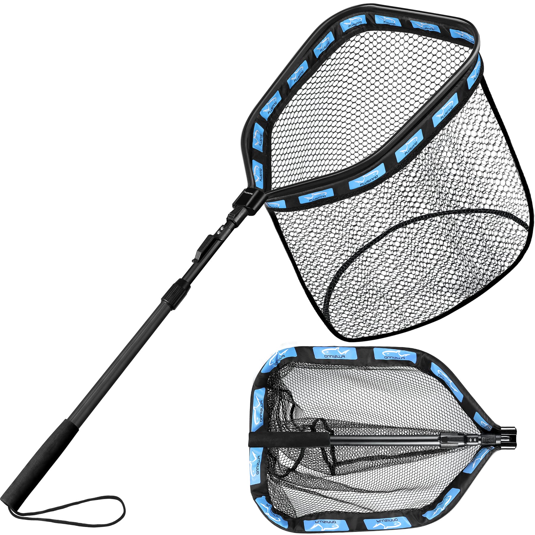 PLUSINNO Floating Fishing Net for Steelhead, Salmon, Fly, Kayak, Catfish, Bass, Trout Fishing, Rubber Coated Foldable Landing Net with Fixed or Telescoping Pole Handle, Fishing Gear and Gifts for Men
