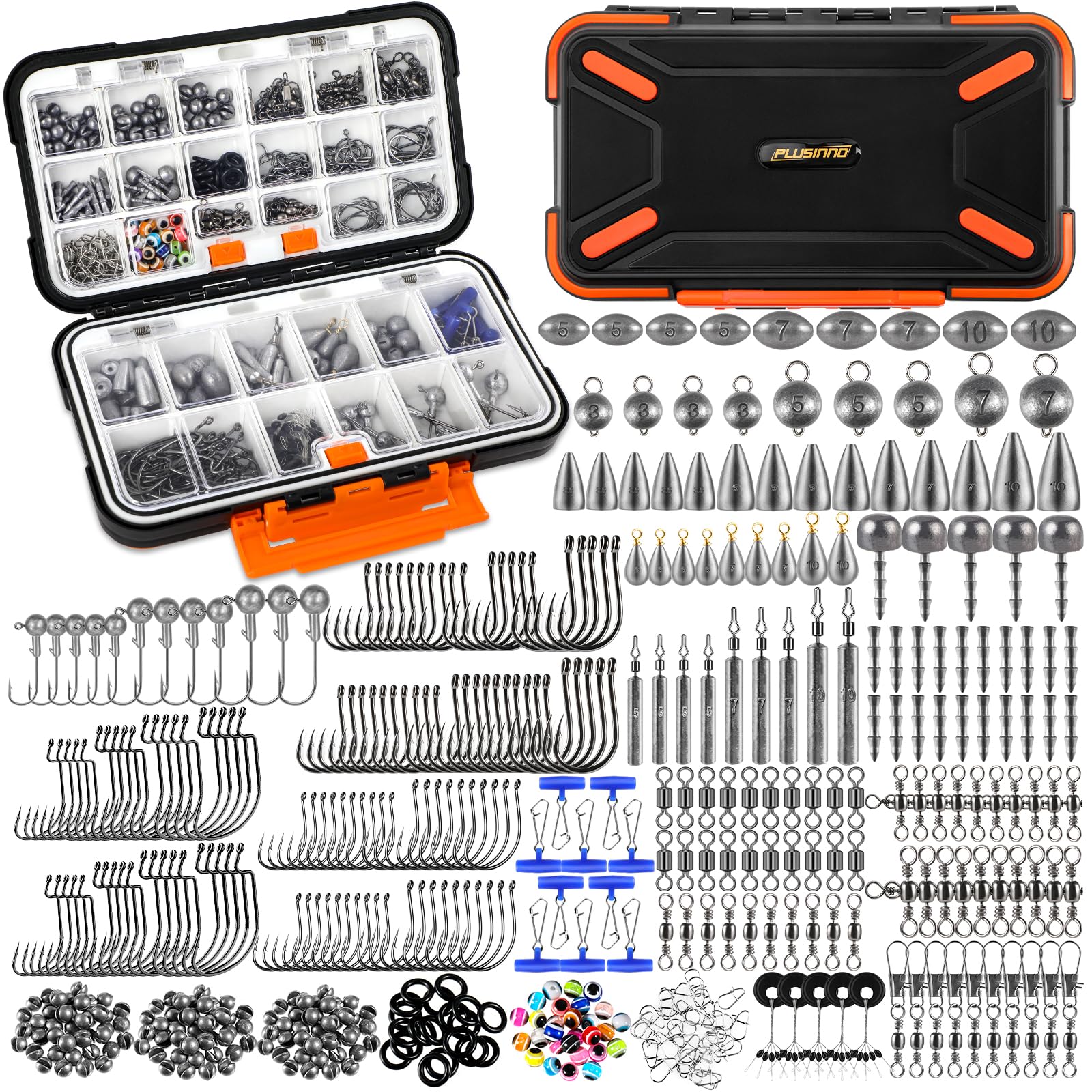 PLUSINNO 264pcs Fishing Accessories Kit, Organized Tackle Box with Tackle Included, Fishing Weights Sinkers, Jig Hooks, Swivels, Beads Combined into 10 Rigs, Fishing Gear Set for Bass Trout