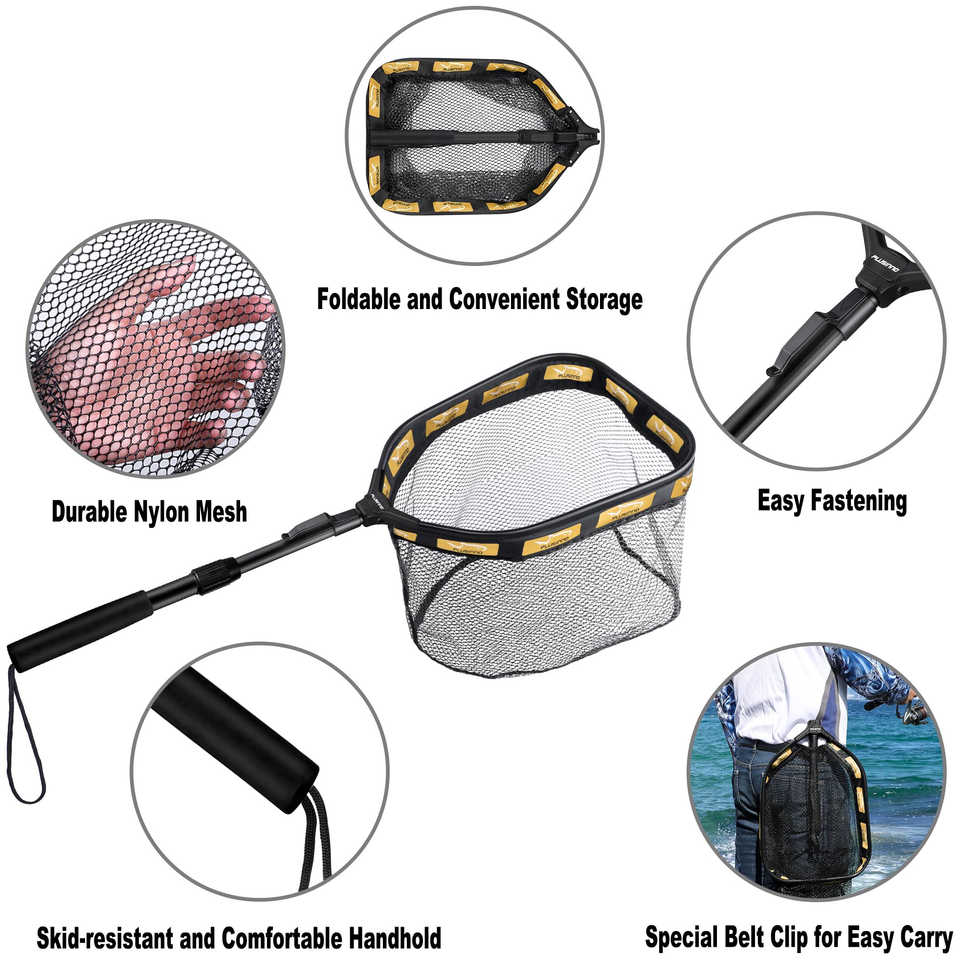 PLUSINNO Floating Fishing Net for Steelhead, Salmon, Fly, Kayak, Catfish, Bass, Trout Fishing, Rubber Coated Foldable Landing Net with Fixed or Telescoping Pole Handle, Fishing Gear and Gifts for Men