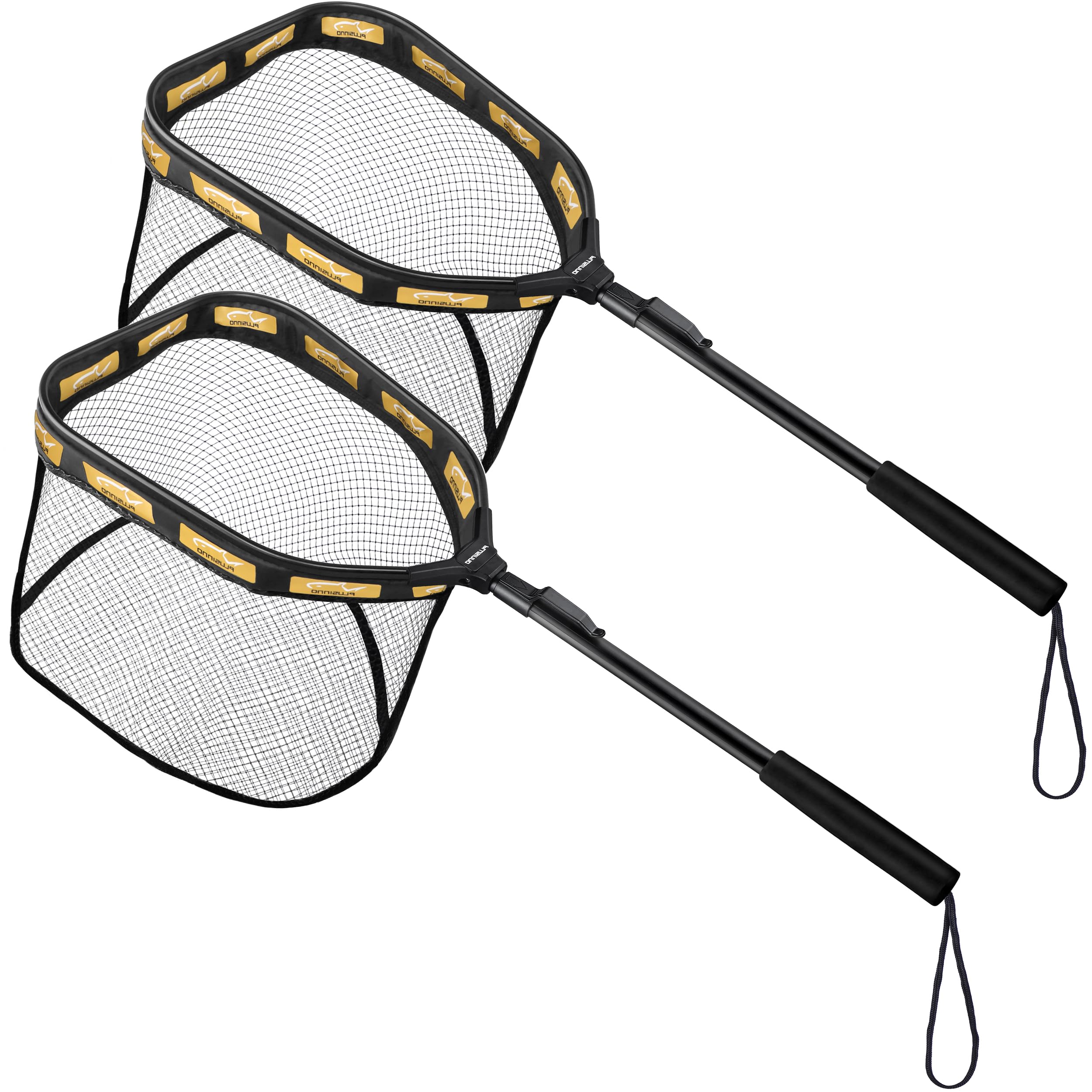PLUSINNO Floating Fishing Net for Steelhead, Salmon, Fly, Kayak, Catfish, Bass, Trout Fishing, Rubber Coated Foldable Landing Net with Fixed or Telescoping Pole Handle, Fishing Gear and Gifts for Men