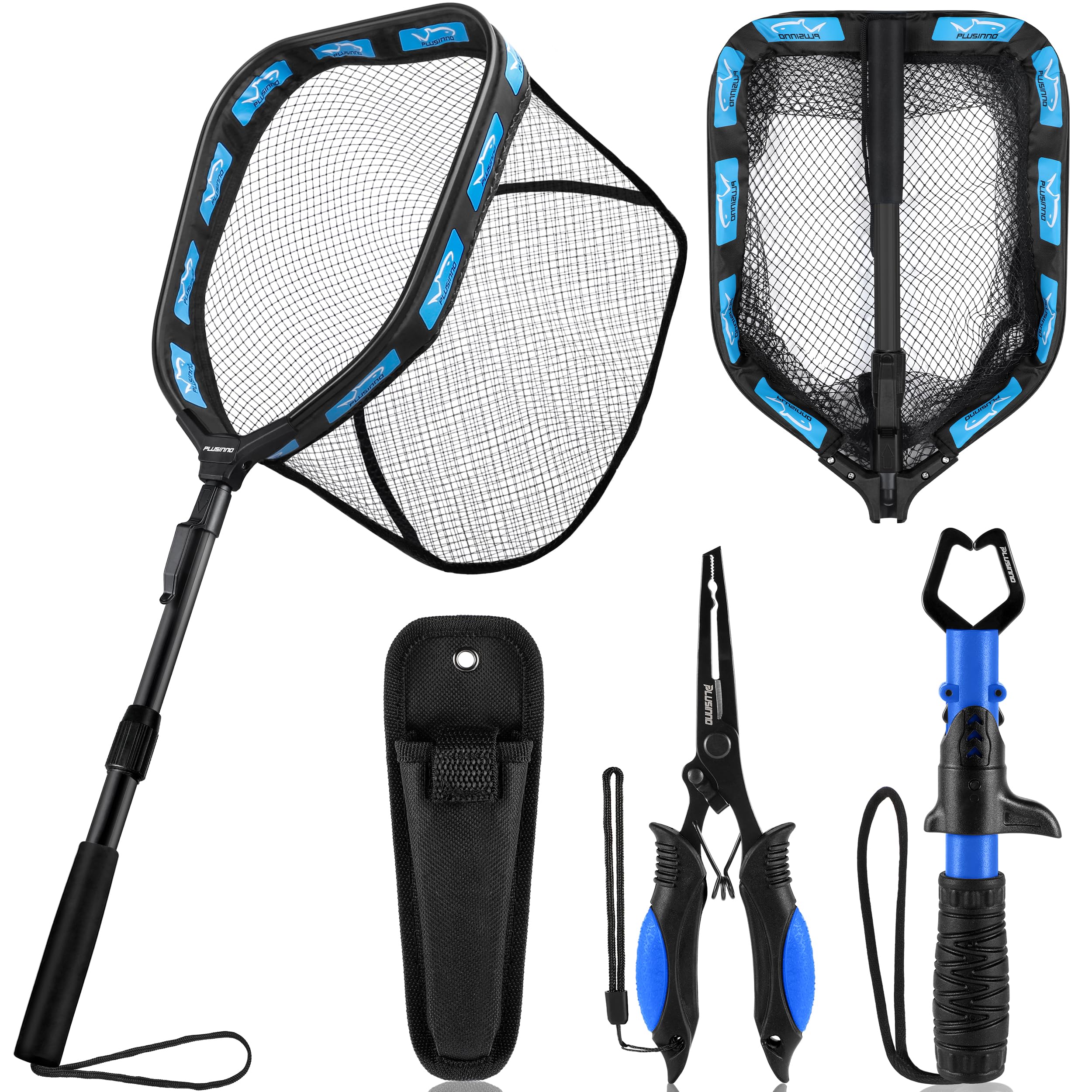 PLUSINNO Floating Fishing Net for Steelhead, Salmon, Fly, Kayak, Catfish, Bass, Trout Fishing, Rubber Coated Foldable Landing Net with Fixed or Telescoping Pole Handle, Fishing Gear and Gifts for Men
