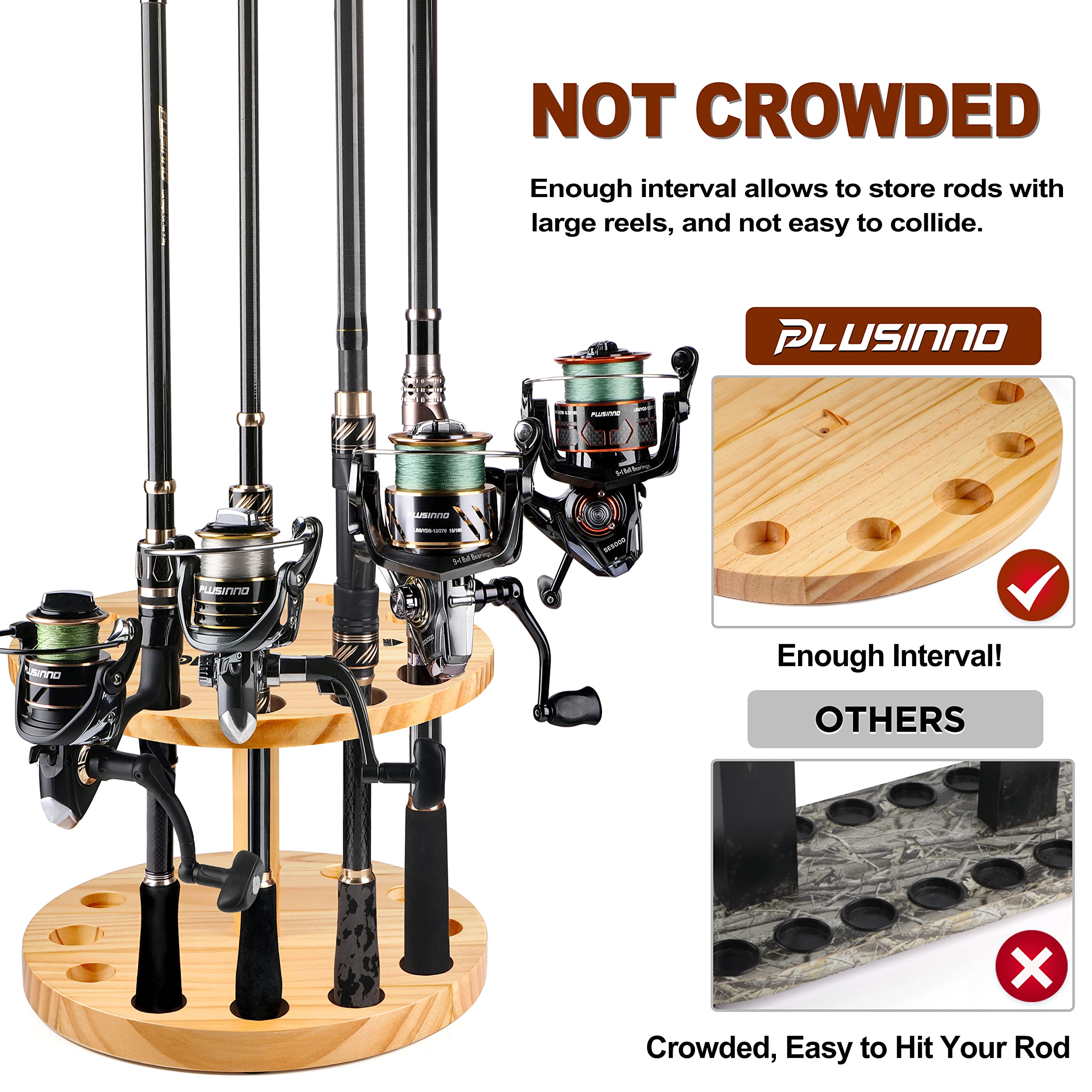 PLUSINNO V12 Fishing Rod Holders for Garage, Vertical Fishing Pole Holders Wooden Round Storage Floor Stand, Fishing Rod/Pole Rack