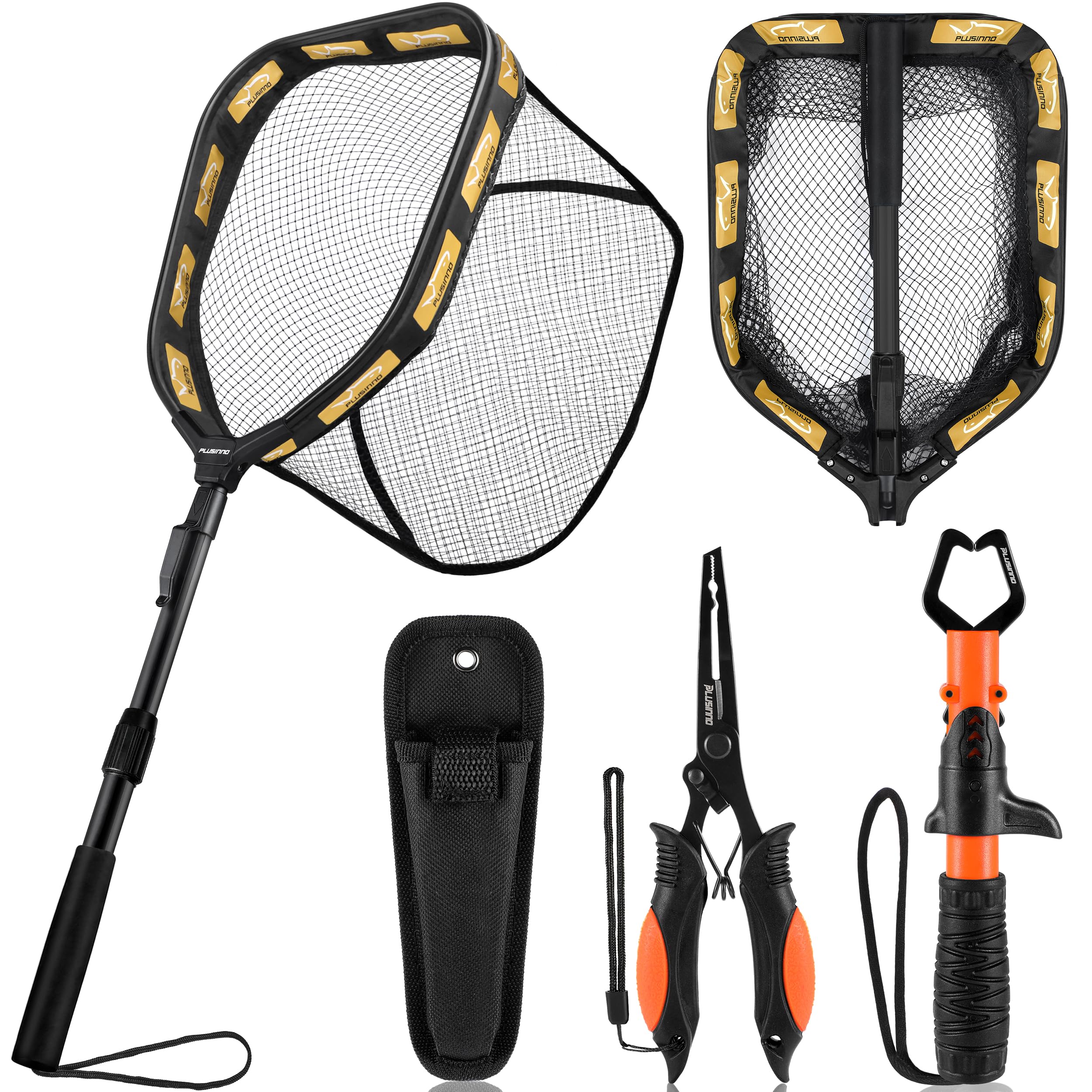 PLUSINNO Floating Fishing Net for Steelhead, Salmon, Fly, Kayak, Catfish, Bass, Trout Fishing, Rubber Coated Foldable Landing Net with Fixed or Telescoping Pole Handle, Fishing Gear and Gifts for Men