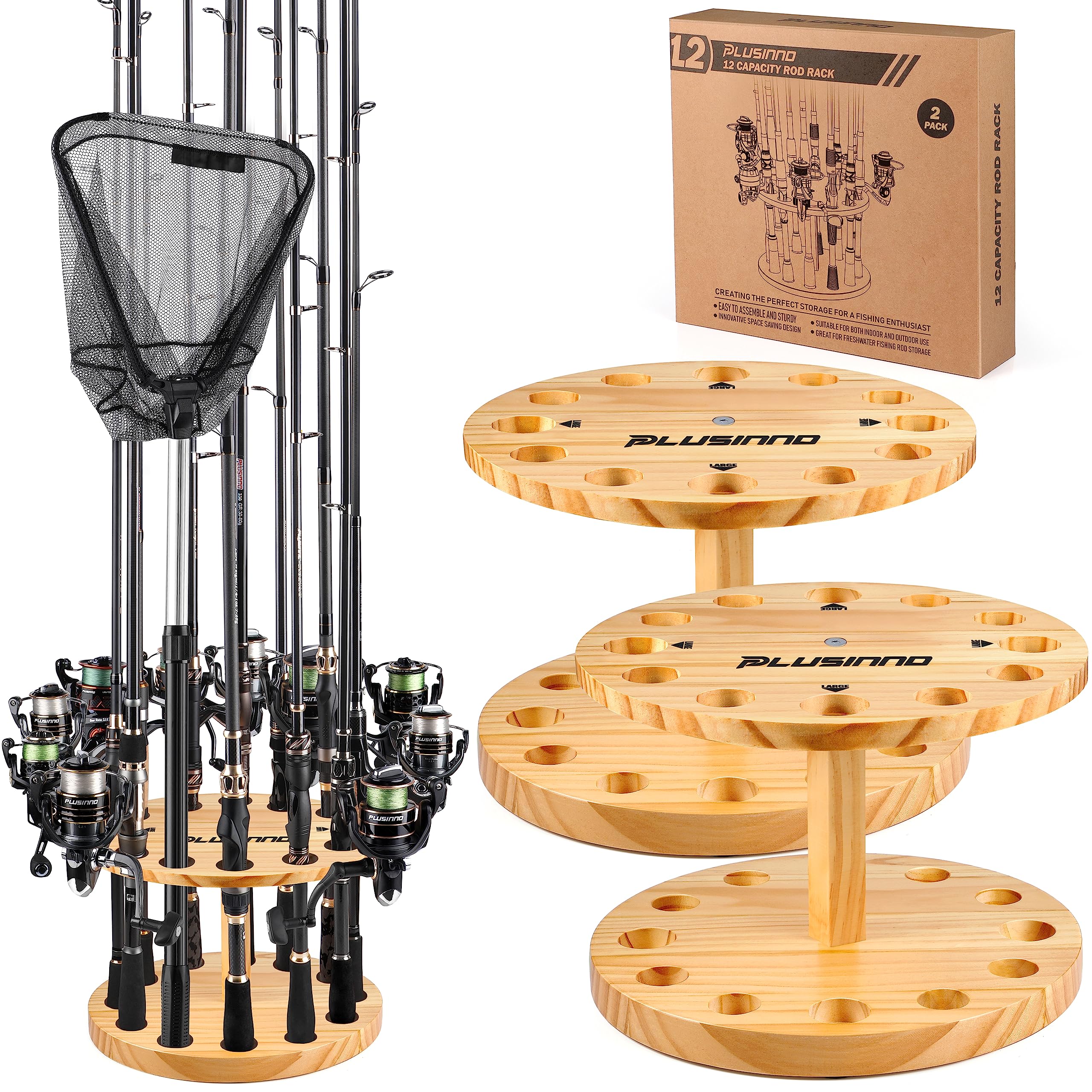 PLUSINNO V12 Fishing Rod Holders for Garage, Vertical Fishing Pole Holders Wooden Round Storage Floor Stand, Fishing Rod/Pole Rack