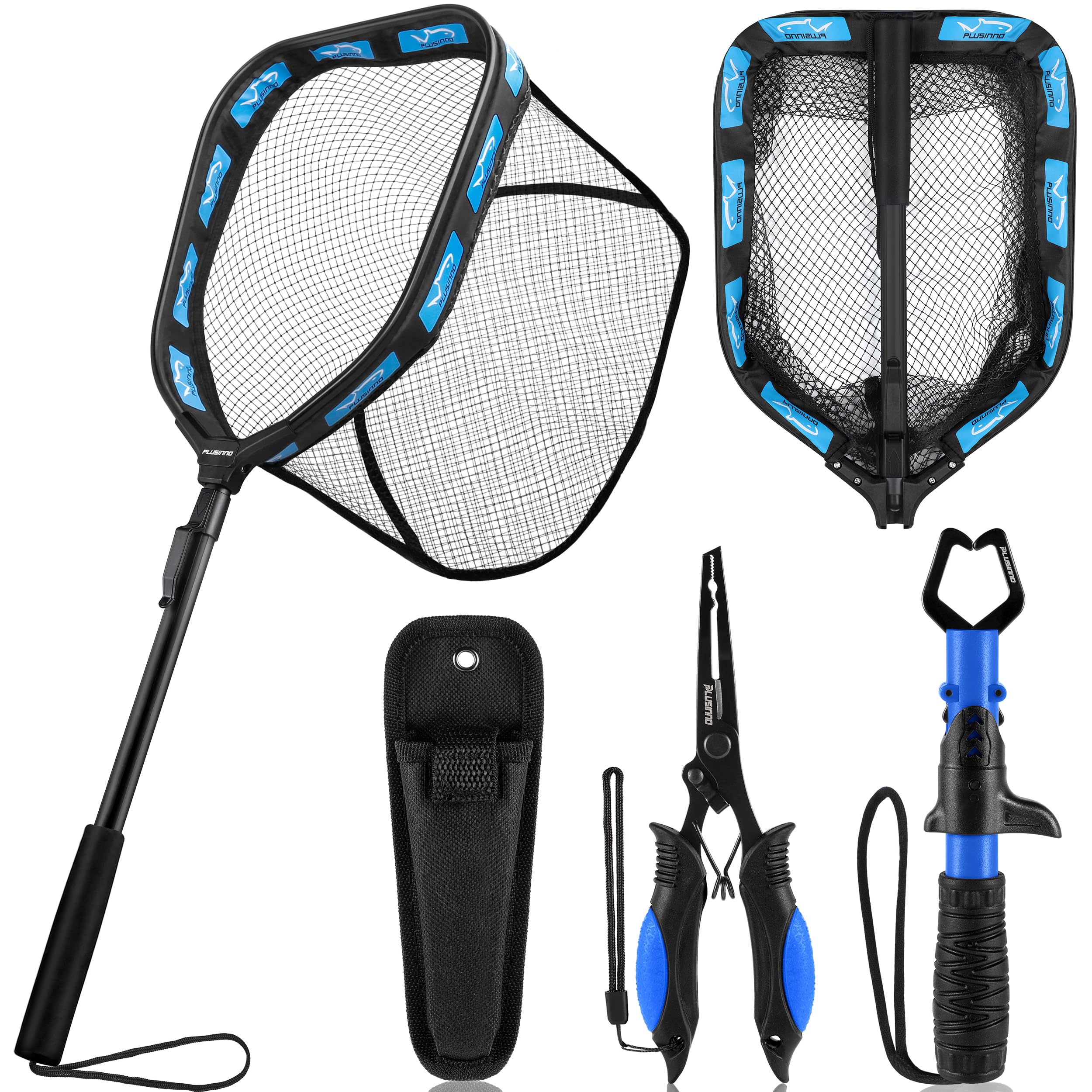 PLUSINNO Floating Fishing Net for Steelhead, Salmon, Fly, Kayak, Catfish, Bass, Trout Fishing, Rubber Coated Foldable Landing Net with Fixed or Telescoping Pole Handle, Fishing Gear and Gifts for Men