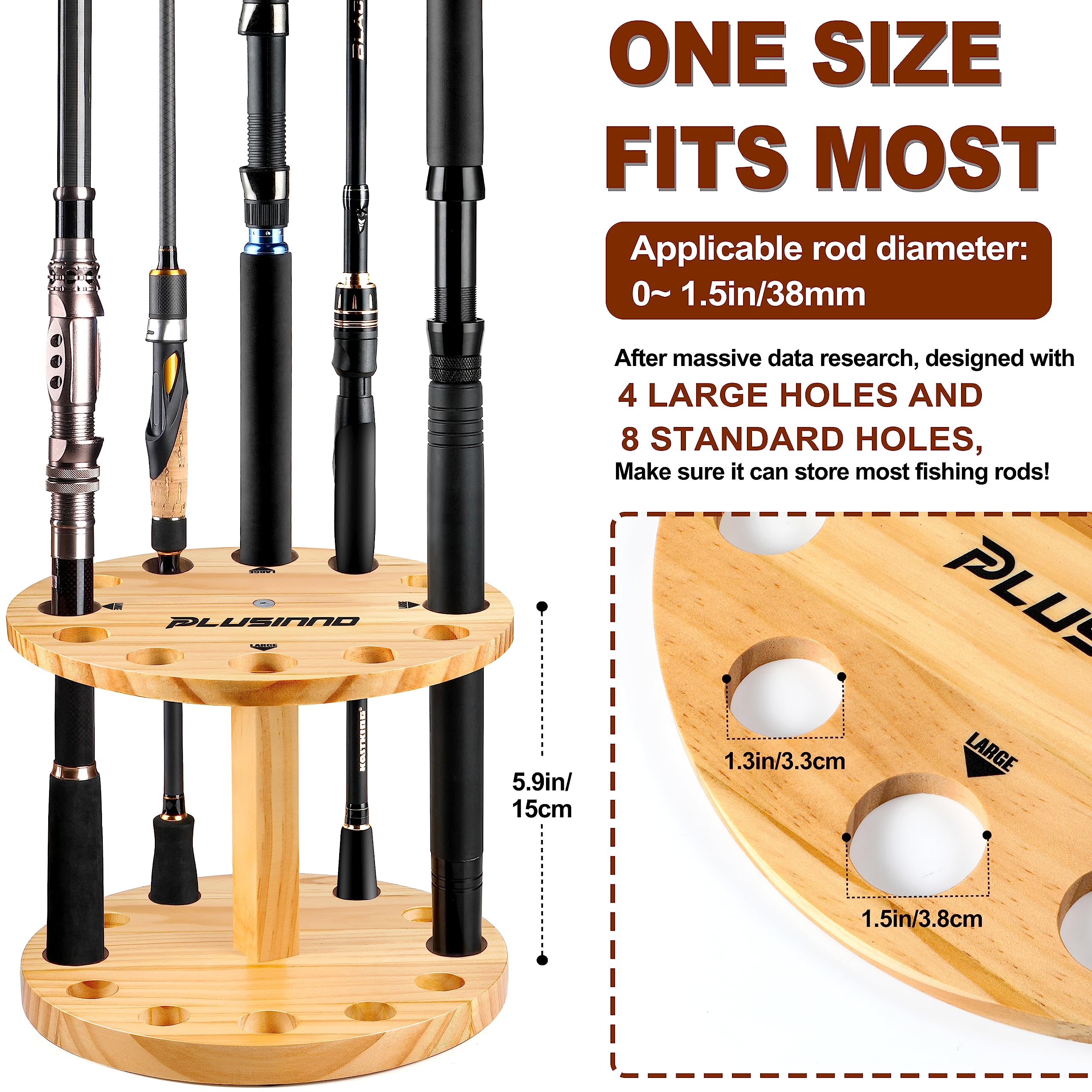 PLUSINNO V12 Fishing Rod Holders for Garage, Vertical Fishing Pole Holders Wooden Round Storage Floor Stand, Fishing Rod/Pole Rack