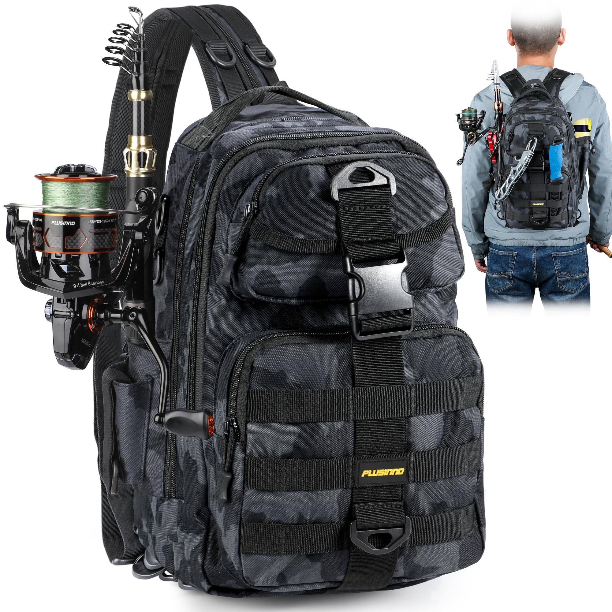 PLUSINNO Fishing Backpack with Tackle Boxes, Waterproof Fishing Sling Tackle Bag For Fishing Gear With Rod Holder, Fishing Gifts for Men With Fishing lures, Fishing pliers.