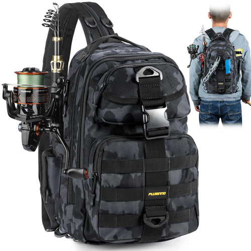 PLUSINNO Fishing Backpack with Tackle Boxes, Waterproof Fishing Sling Tackle Bag For Fishing Gear With Rod Holder, Fishing Gifts for Men With Fishing lures, Fishing pliers.