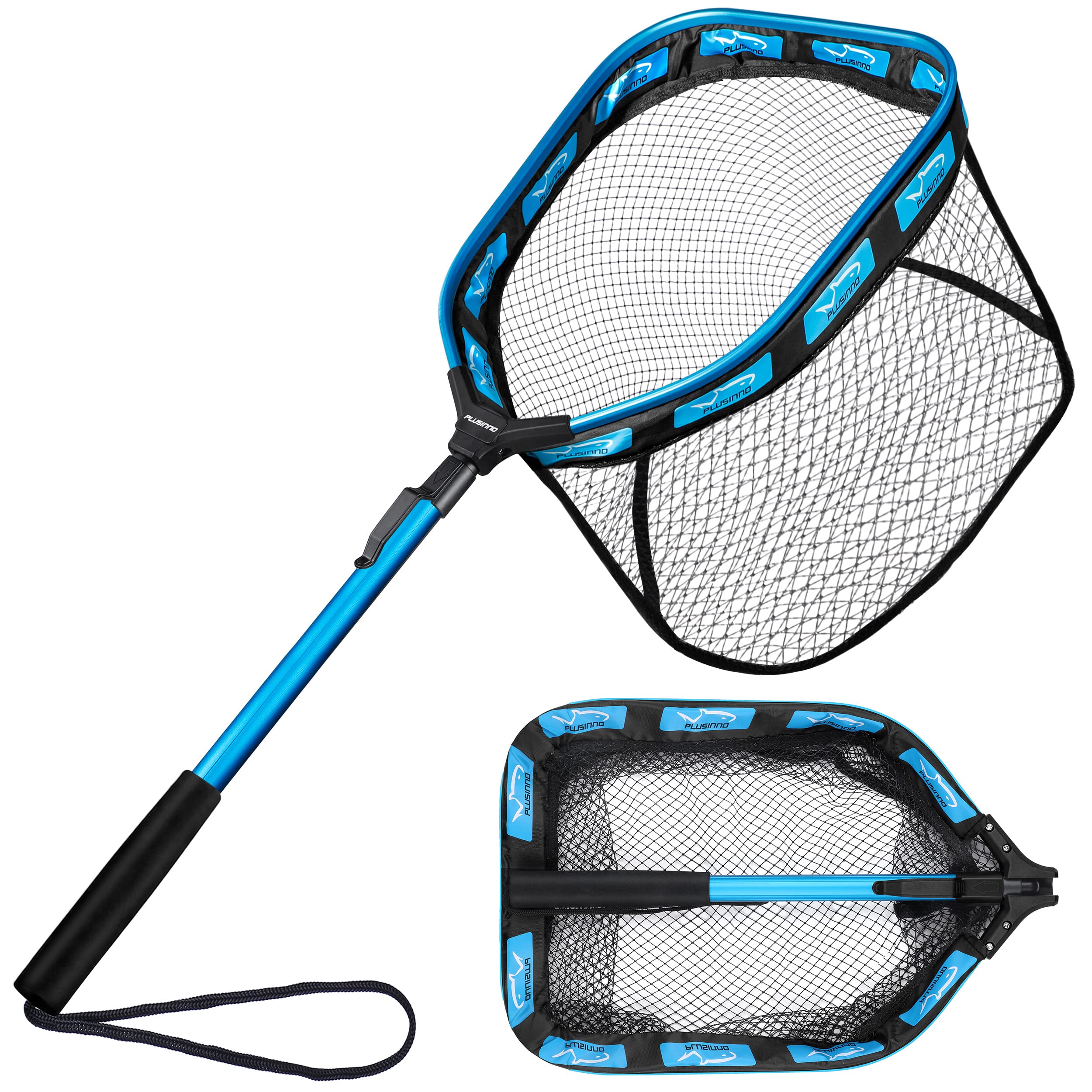 PLUSINNO Floating Fishing Net for Steelhead, Salmon, Fly, Kayak, Catfish, Bass, Trout Fishing, Rubber Coated Foldable Landing Net with Fixed or Telescoping Pole Handle, Fishing Gear and Gifts for Men