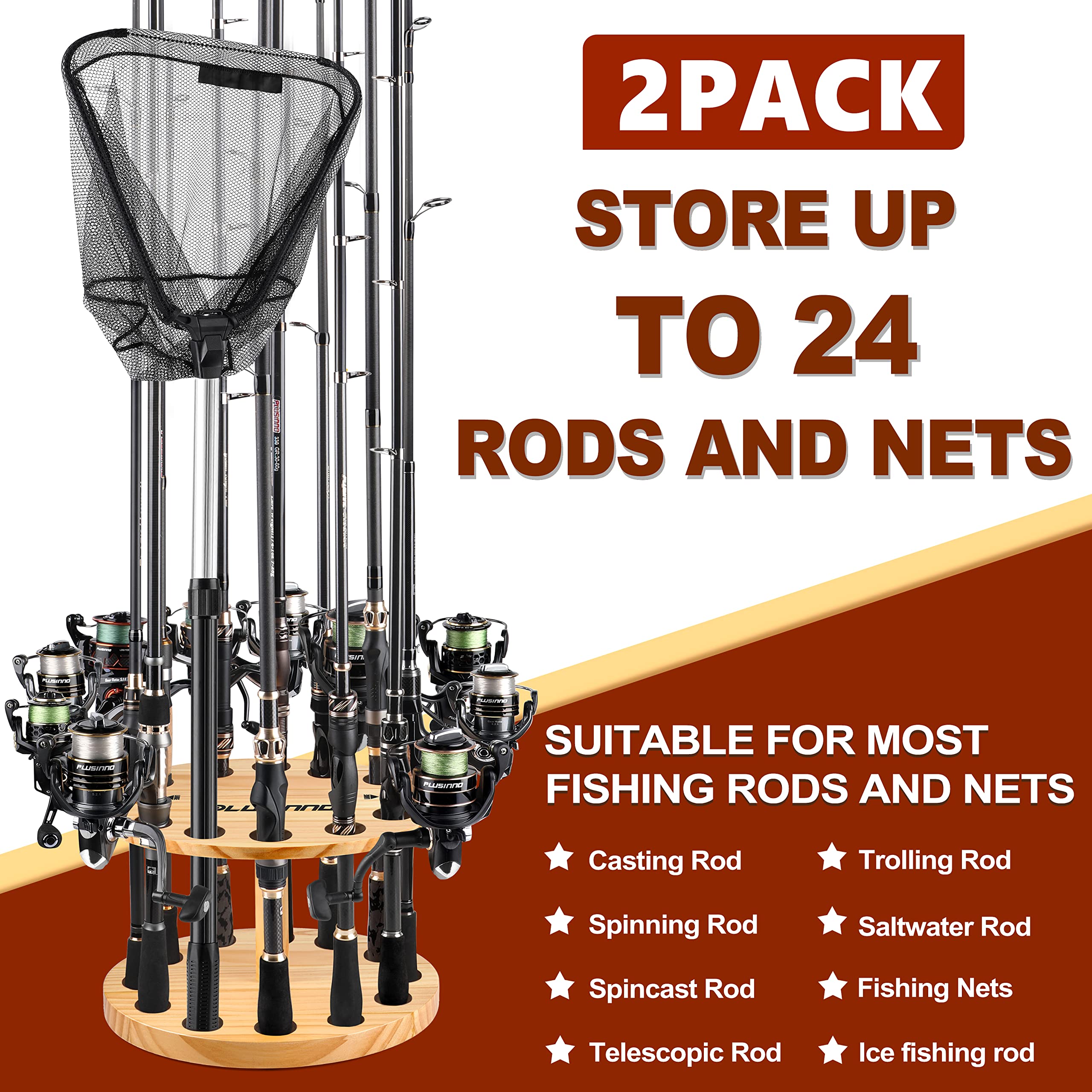 PLUSINNO V12 Fishing Rod Holders for Garage, Vertical Fishing Pole Holders Wooden Round Storage Floor Stand, Fishing Rod/Pole Rack