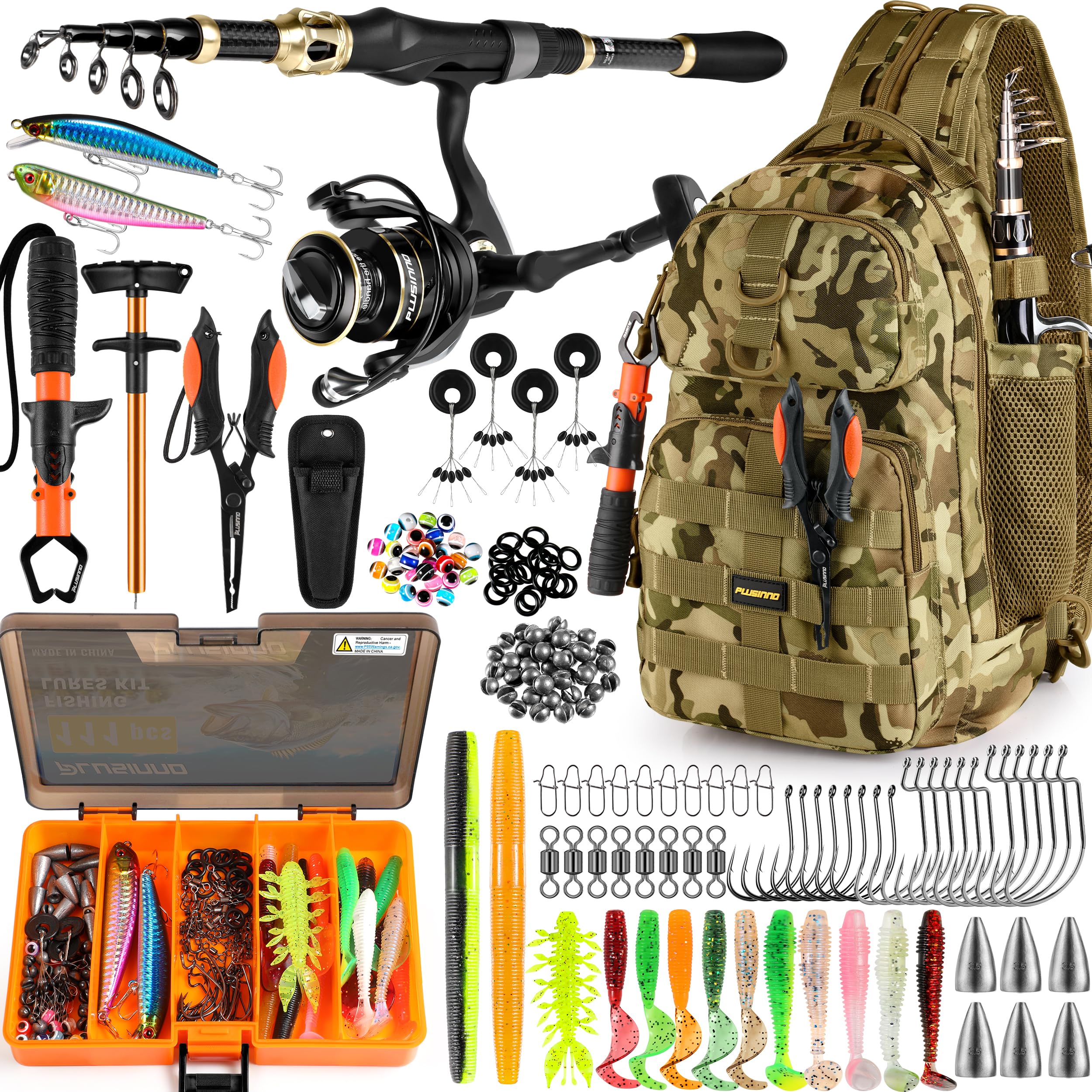 PLUSINNO Fishing Backpack with Tackle Boxes, Waterproof Fishing Sling Tackle Bag For Fishing Gear With Rod Holder, Fishing Gifts for Men With Fishing lures, Fishing pliers.