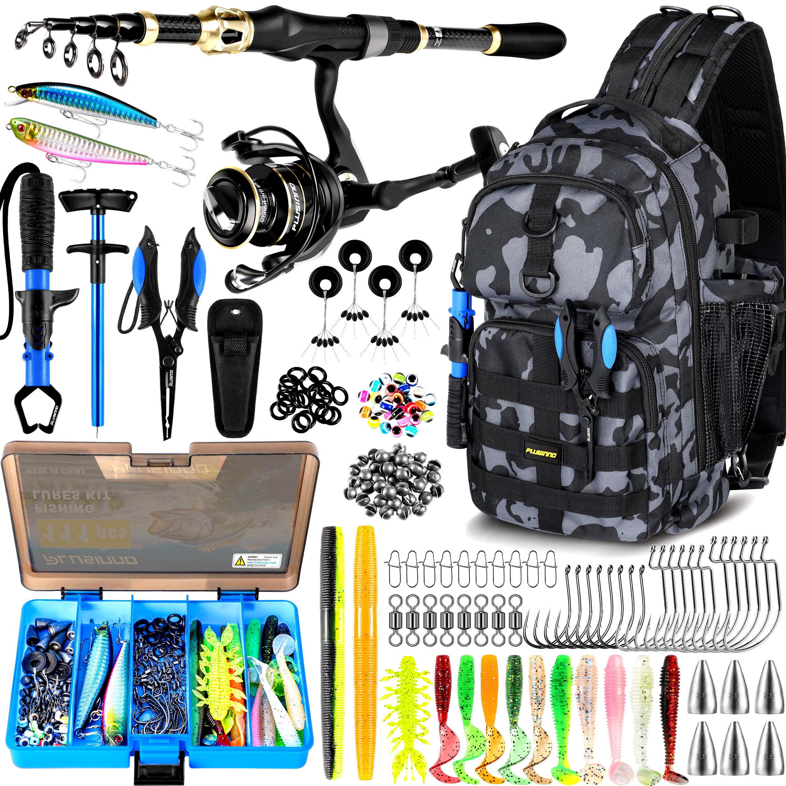 PLUSINNO Fishing Backpack with Tackle Boxes, Waterproof Fishing Sling Tackle Bag For Fishing Gear With Rod Holder, Fishing Gifts for Men With Fishing lures, Fishing pliers.